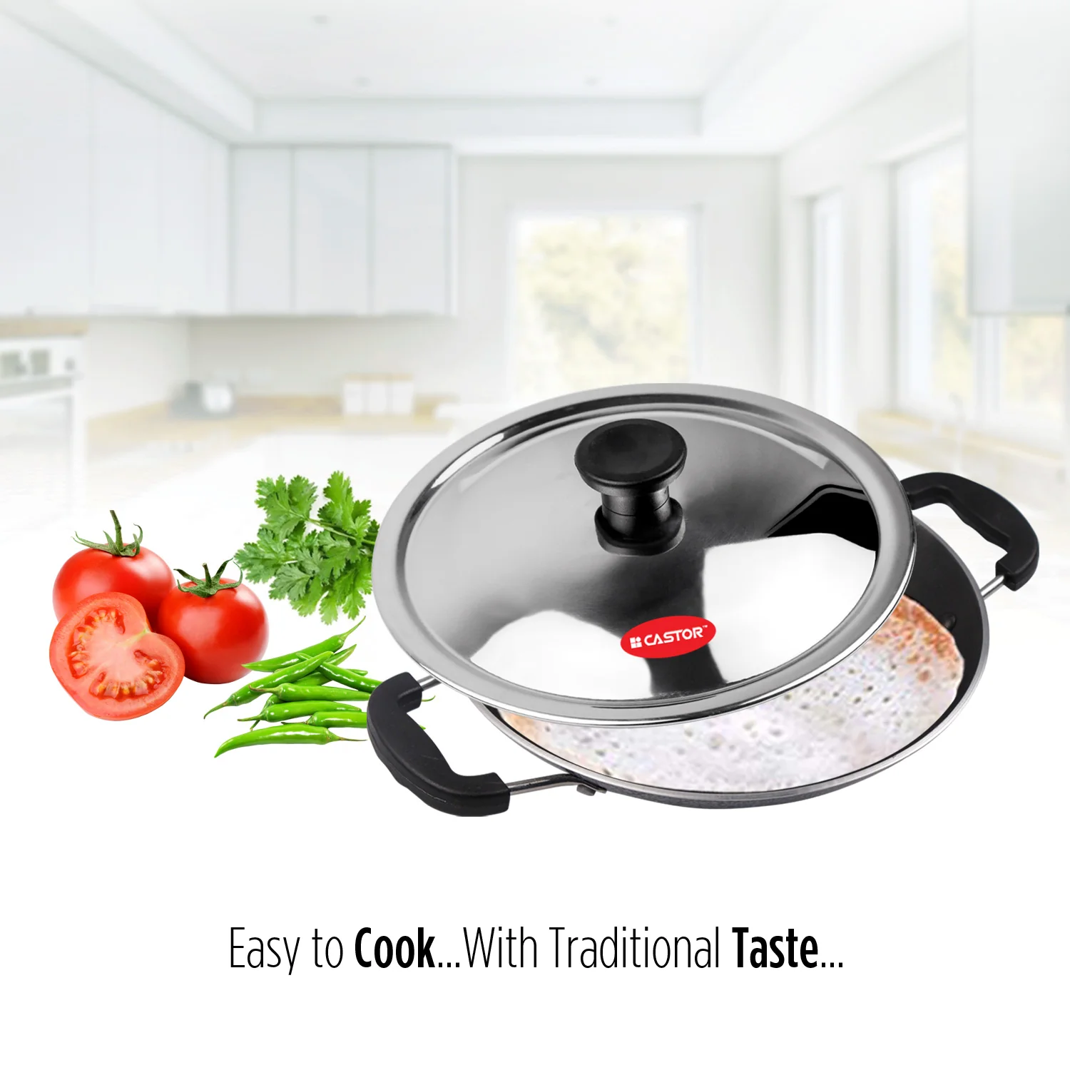 CASTOR iBELL 205 Premium Non-Stick Aluminium Appam Pan with Lid, Appachatty, 200mm, Silver