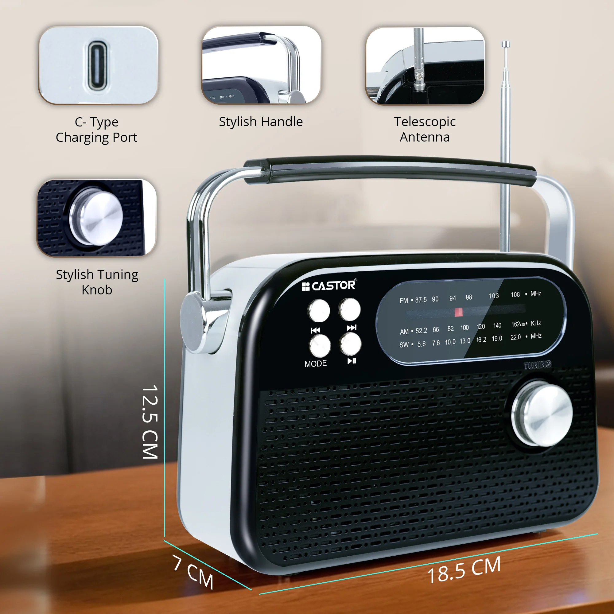 CASTOR iBELL FM820BT Portable FM Radio with Bluetooth Speaker, Rechargeable Battery, USB SD MP3 Player & Dynamic Speaker 3 Band, Black - Image 4