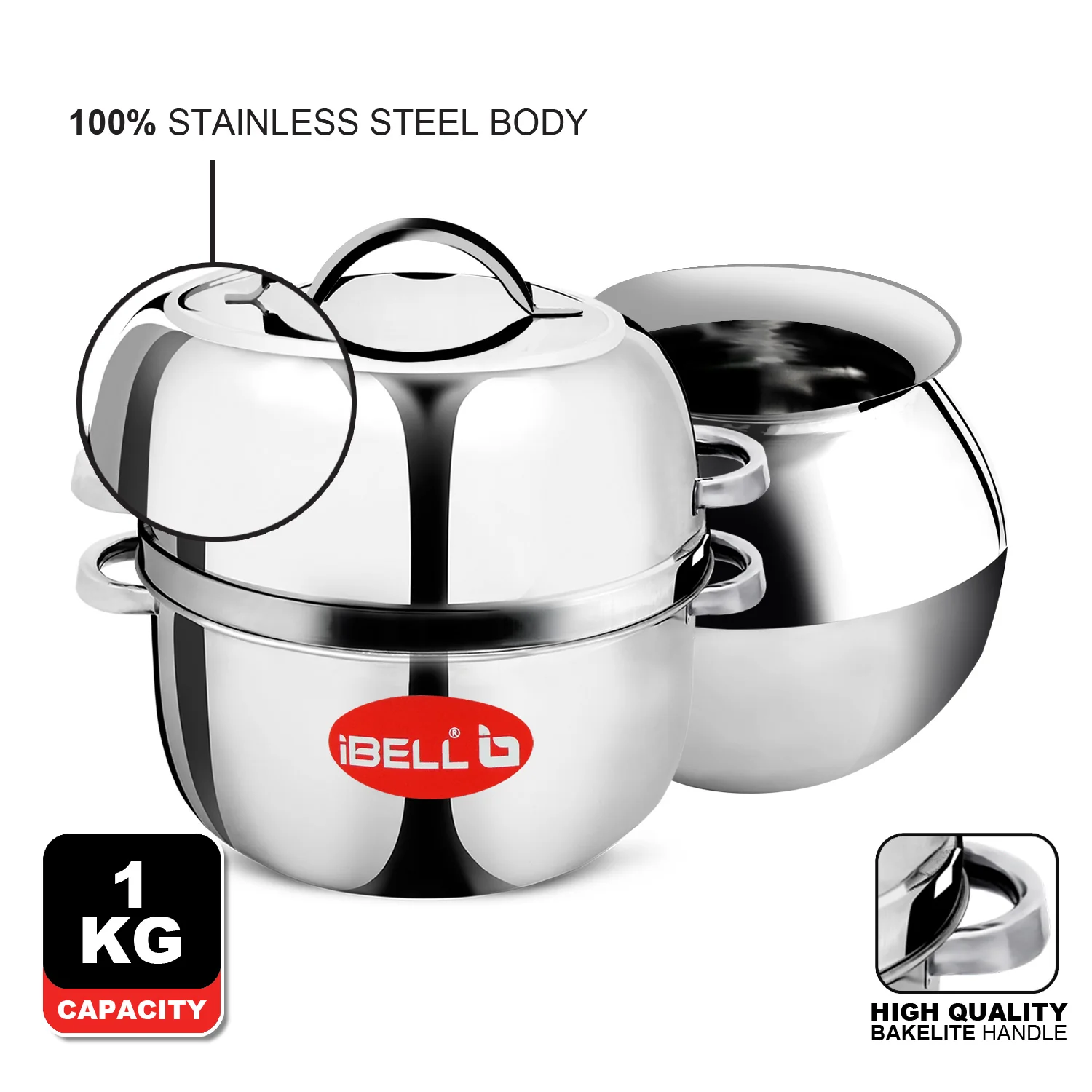 iBELL 1 kilogram Premium Stainless Steel Steam Pot, Thermal Rice Cooker, Induction Based Pot with Rubber Gasket - Image 3