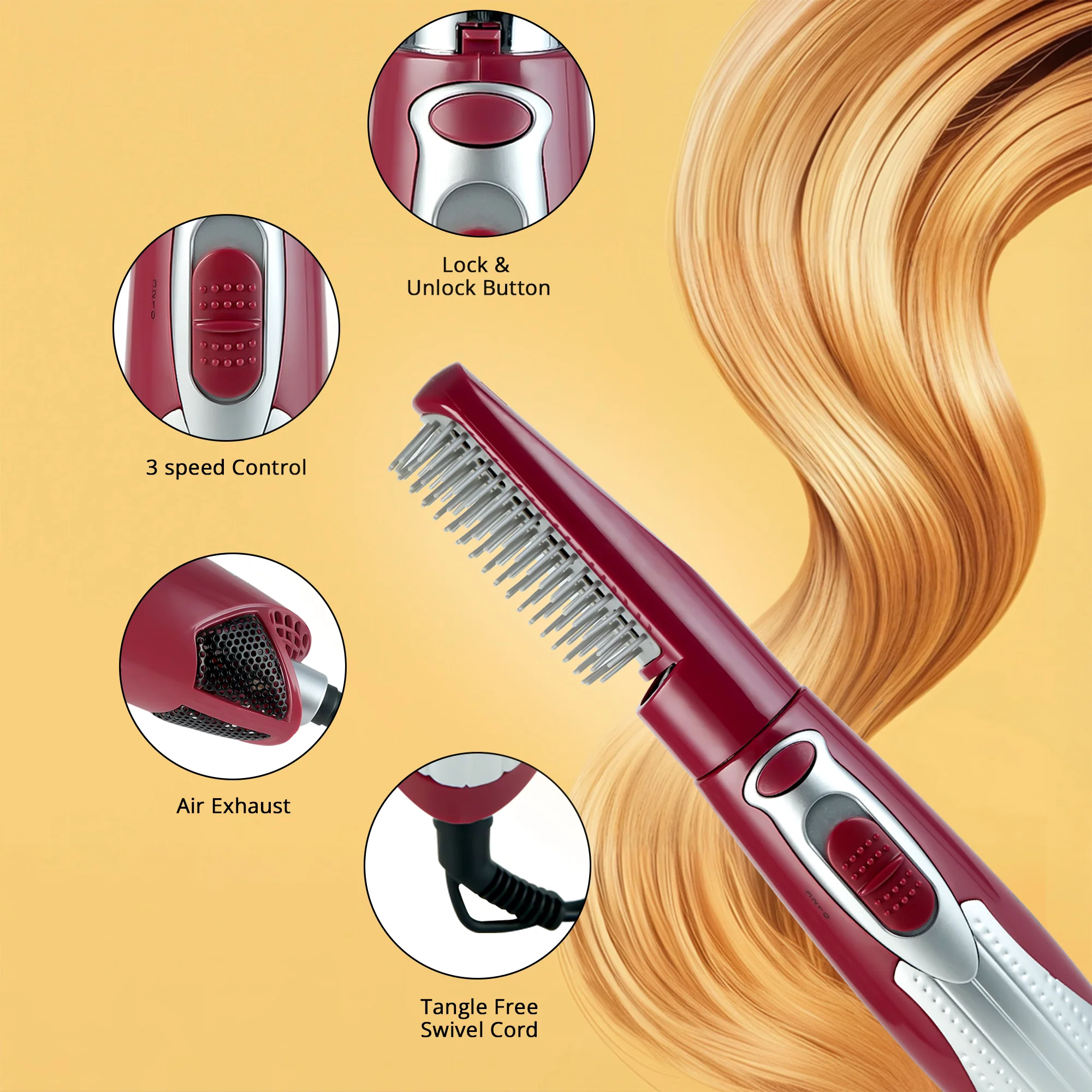IBELL Hair Straightening Brush for Women | 3-in-1 Hot Air Brush for Styling, Drying & Straightening | Ceramic Bristles, 3 Speed Settings, Smooth Salon Finish | Ideal for Everyday Hair Care, 1-Year Warranty - Image 2