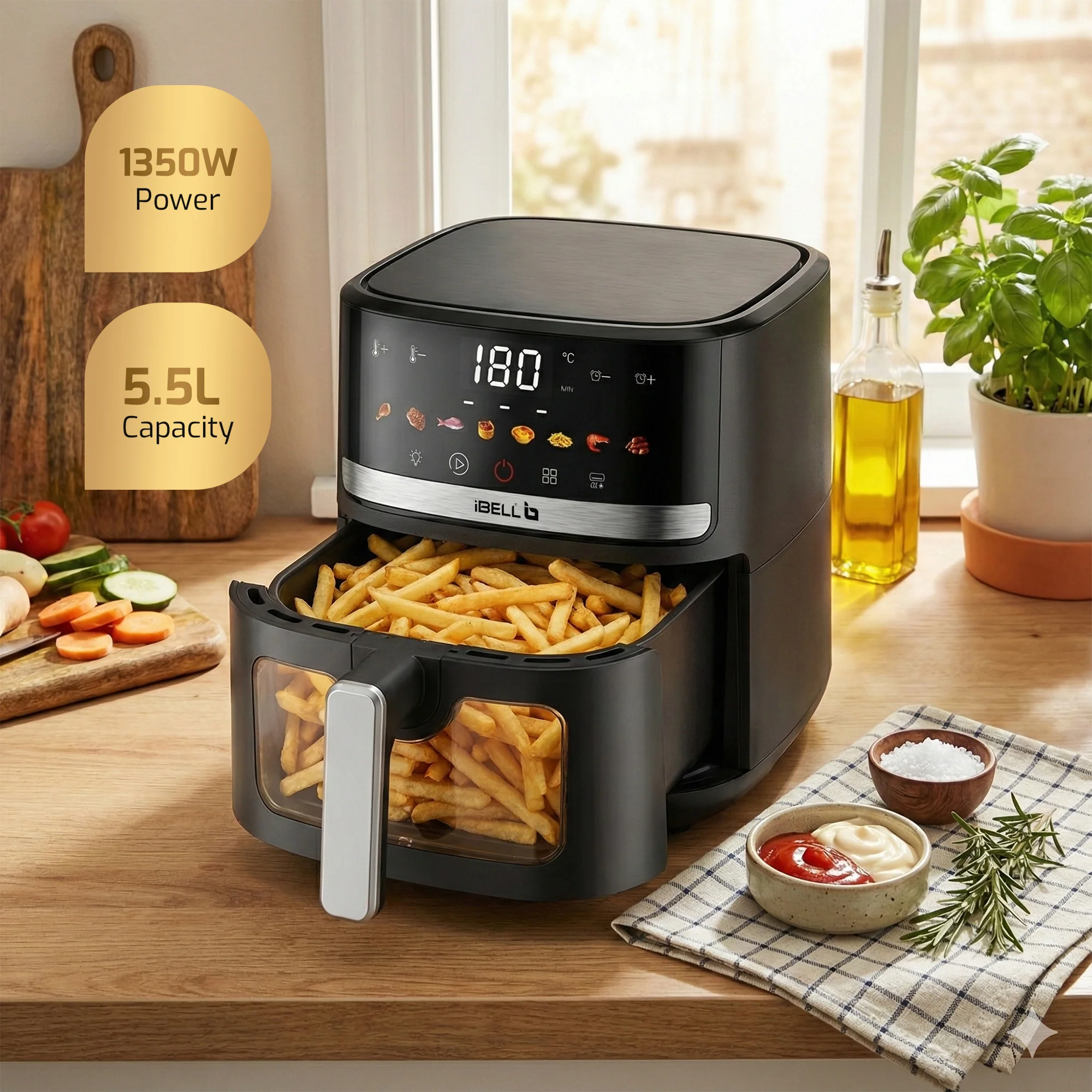 IBELL AERO FRY 550 Digital Air Fryer, 5.5 Litre Capacity, 1350W Power, Touch Control Panel, Multiple Cooking Options, Adjustable Temperature, Oil-Free Cooking, Black, 2 Year Warranty - Image 3