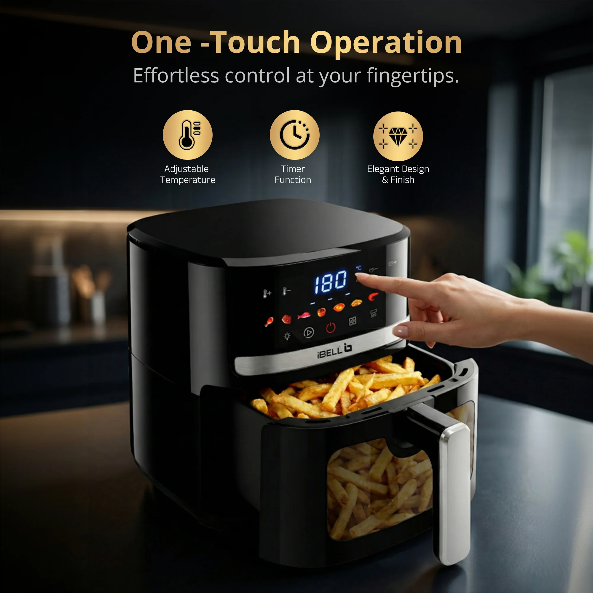 IBELL AERO FRY 550 Digital Air Fryer, 5.5 Litre Capacity, 1350W Power, Touch Control Panel, Multiple Cooking Options, Adjustable Temperature, Oil-Free Cooking, Black, 2 Year Warranty - Image 4