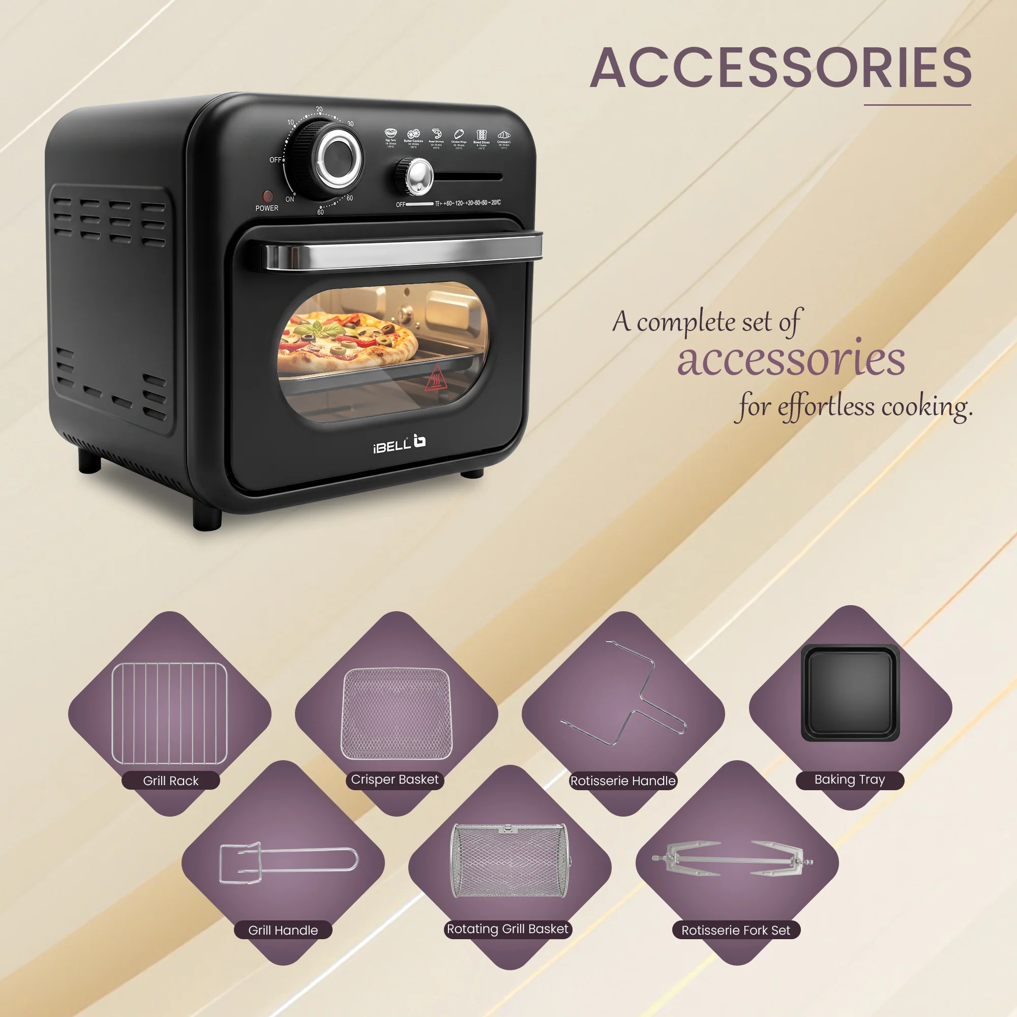 iBELL Aero Wave 10L Air Fryer Oven, 1400W Mini OTG with 360° Hot Air Circulation, Rotisserie, Bake, Grill, Roast & Dehydrate, 6 Preset Cooking Modes, Temperature Control, Black - Image 6