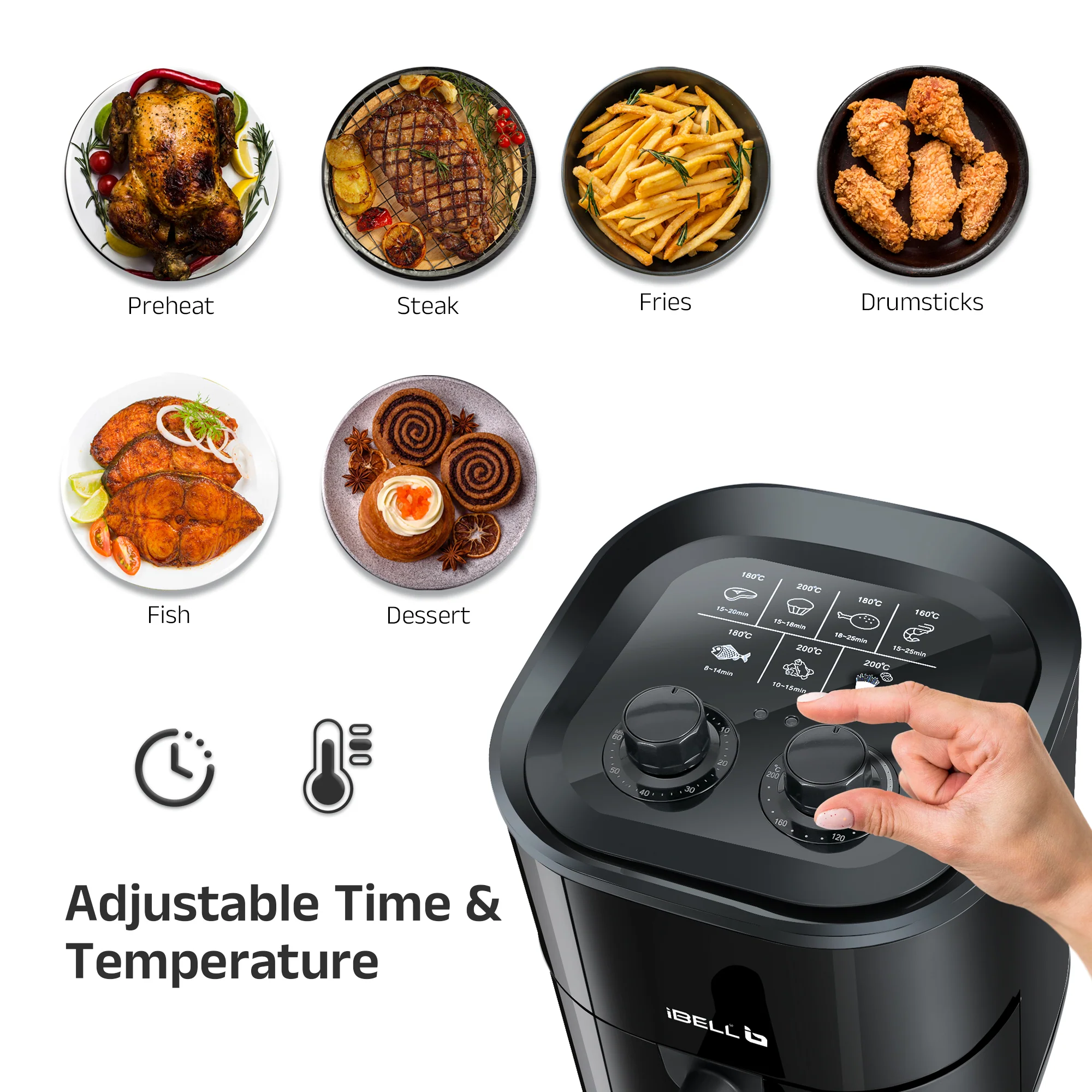iBELL AEROFRY422M Air Fryer 4.2 Litre - 1500W, Multiple Cooking Options, Dishwasher Safe, Nonstick Coating, Adjustable Time & Temperature Control (Black) - Image 3