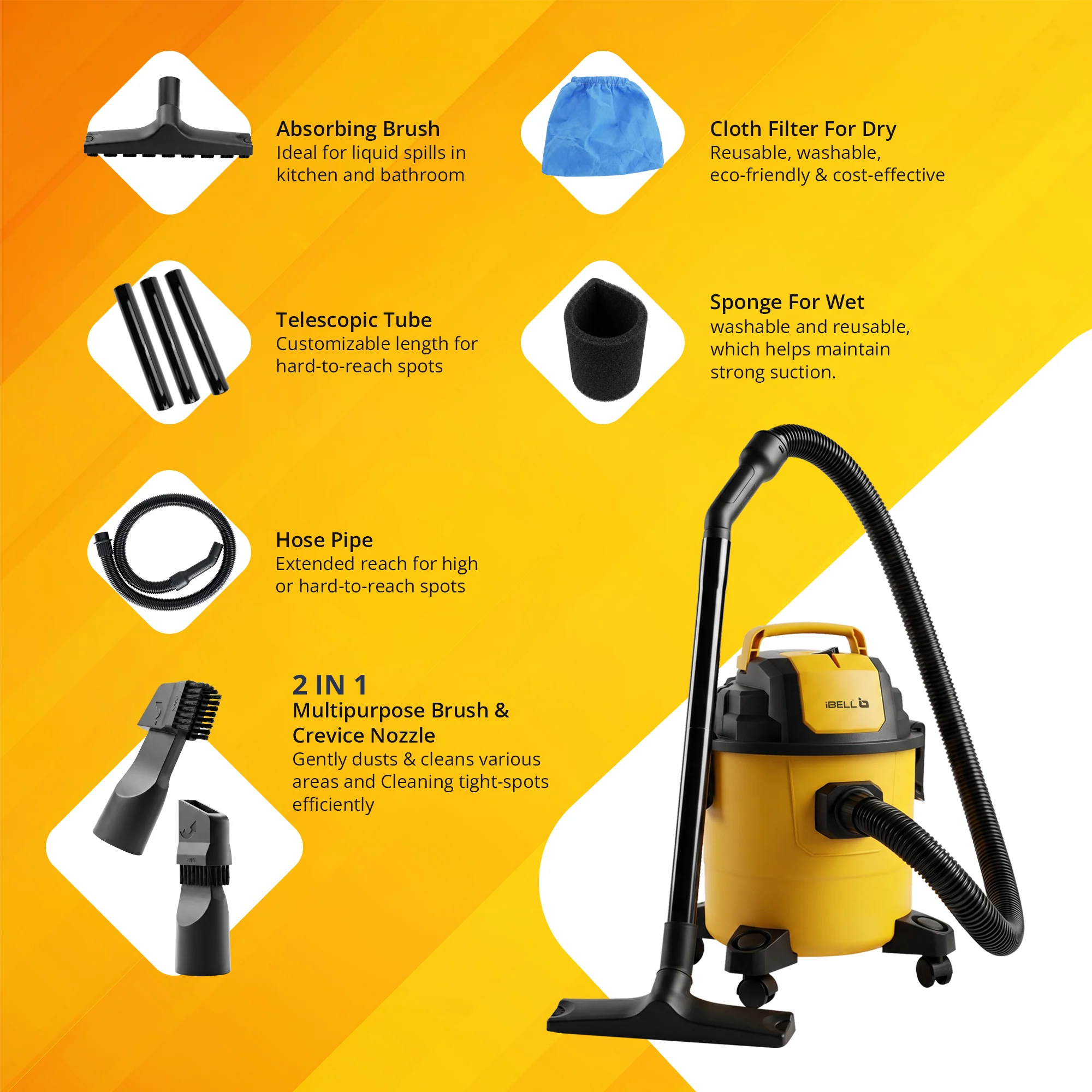 iBELL AeroVac150 Wet & Dry Vacuum Cleaner for Home & Office | 1200W Motor | 18 kPa Powerful Suction | 15L Capacity | 4-in-1 Vacuum, Blower & Crevice Cleaning| Reusable Filters | Yellow - Image 6