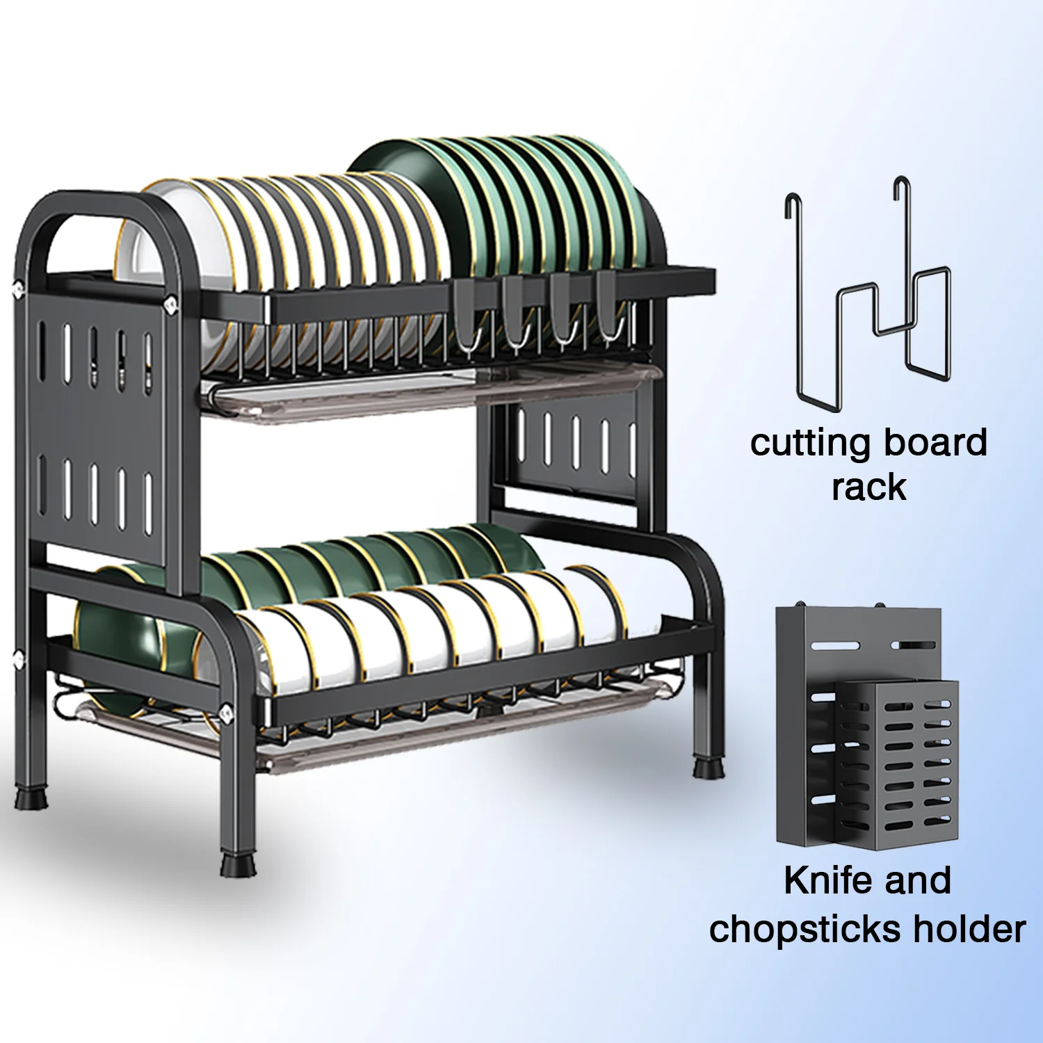 IBELL Carbon Steel DR242 Dish Drying Rack, 2-Tier Bartan Stand/Drainer Shelf/Kitchen Organizer/Counter for Utensils Storage (Black), 42x24x40 cm - Image 4