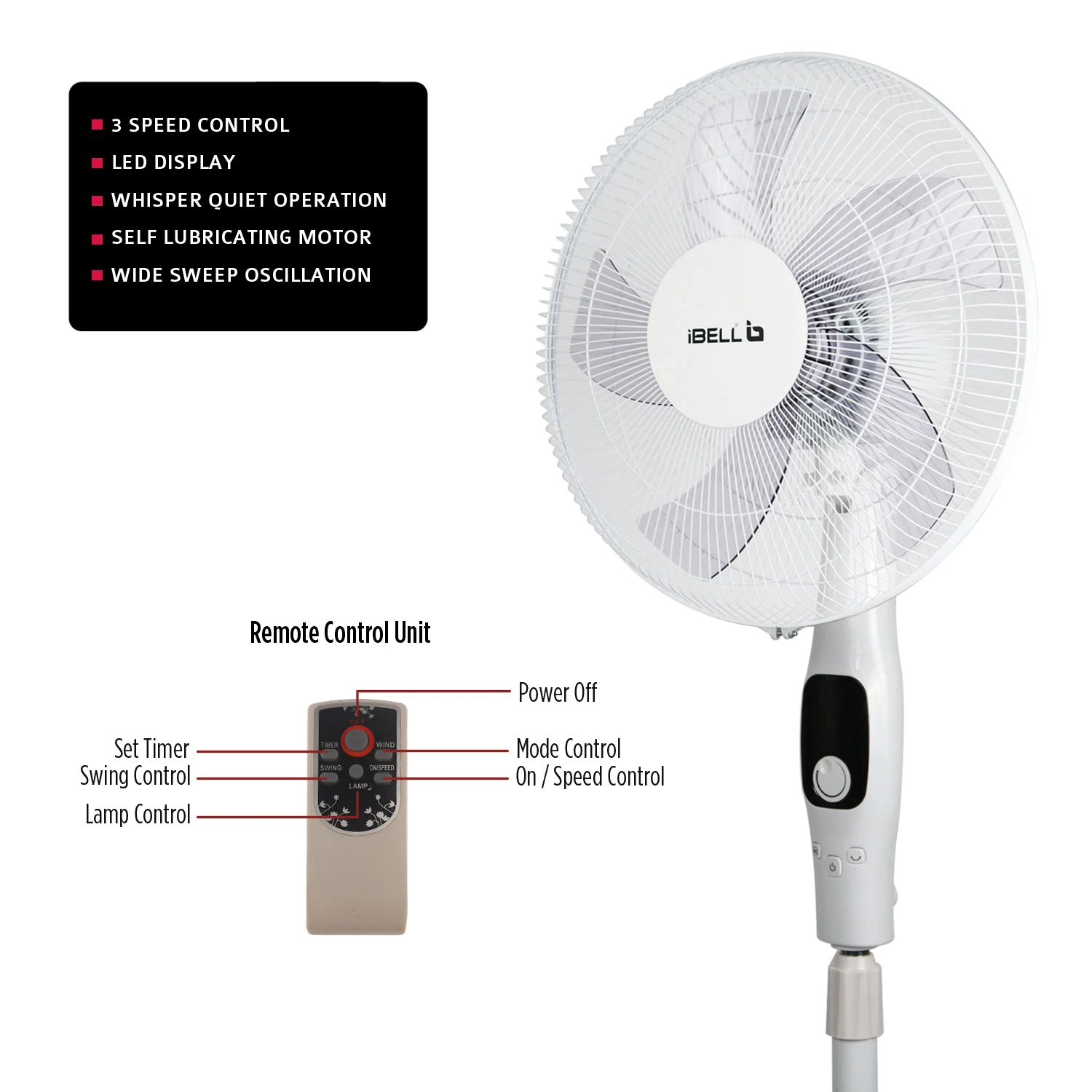 IBELL CLASSY P16 SB WHITE Pedestal Fan 5 Leaf with Remote and High Air Flow, 55W, LED Display, High Speed, Copper Motor, 400 millimeters - Image 5