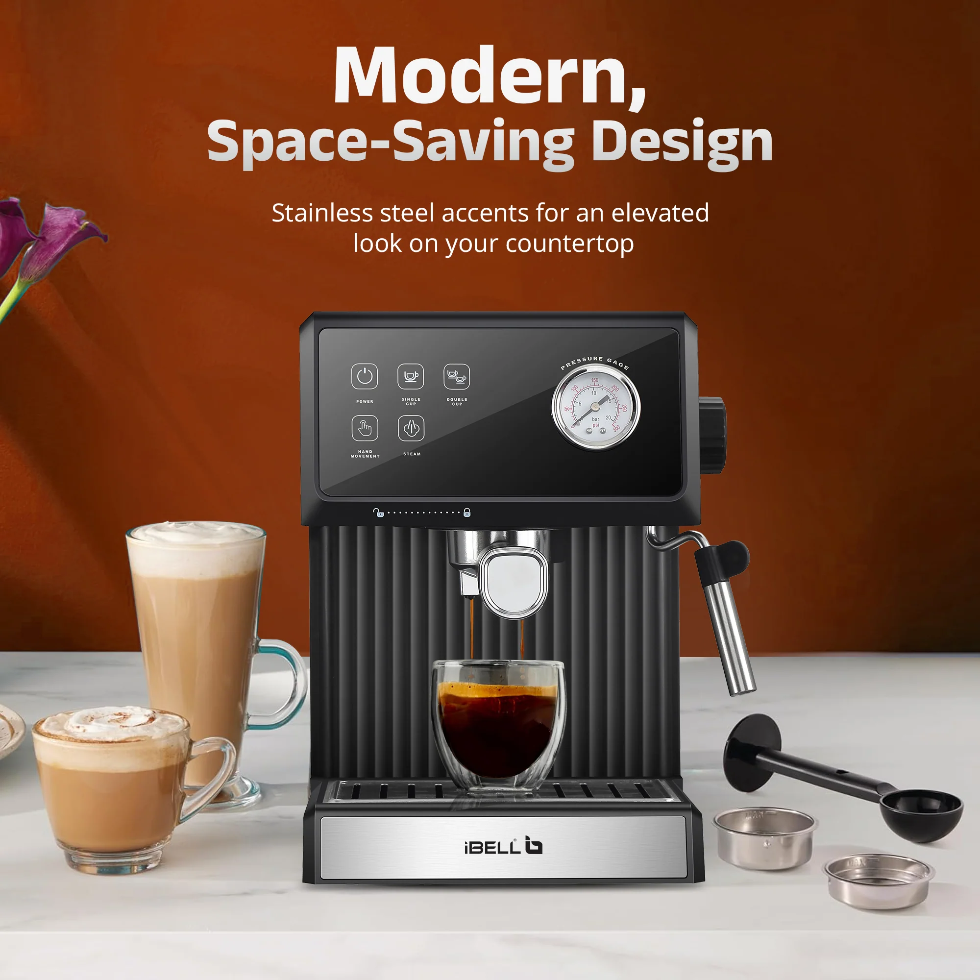 IBELL Espresso Machine, Coffee Maker for Home, 20 BAR, 2 Year Warranty, Touch Controls, Milk Frothing, Temperature Control System for Espresso, Cappuccino, Americano, Latte, 1200W, BARISTAMAX300 - Image 5
