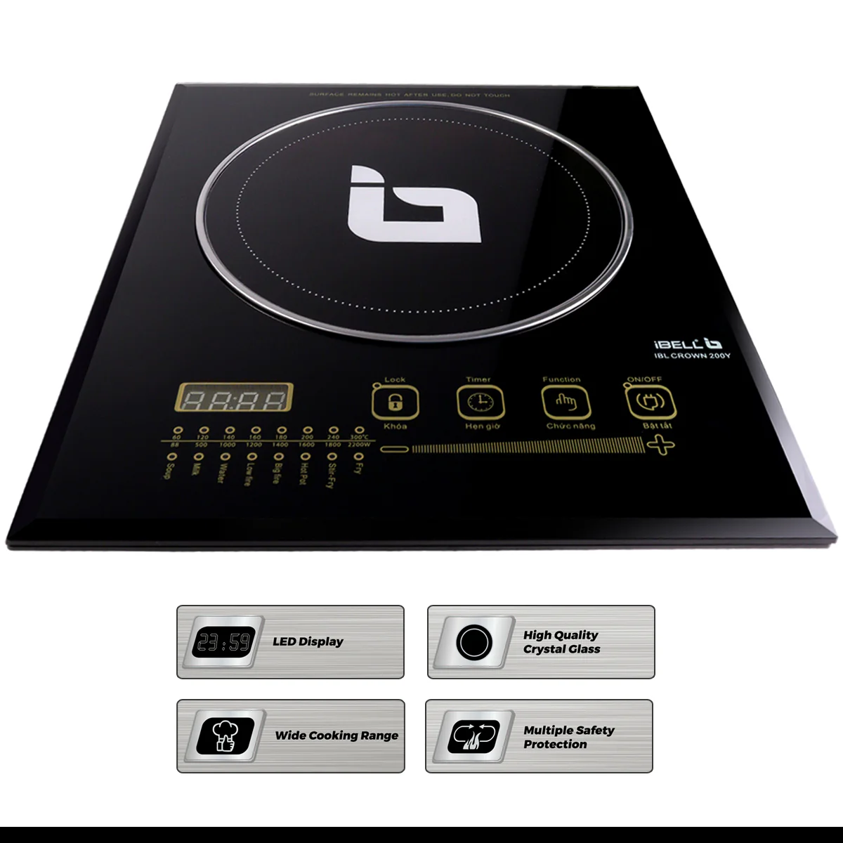 IBELL CROWN200Y Induction Cooktop 2200 Watt, Auto Shut Off, 2 Year Warranty, Crystal Glass Top, Touch Buttons, 8 Cooking Modes, Over Heat Protection, Big Size (Black) - Image 5