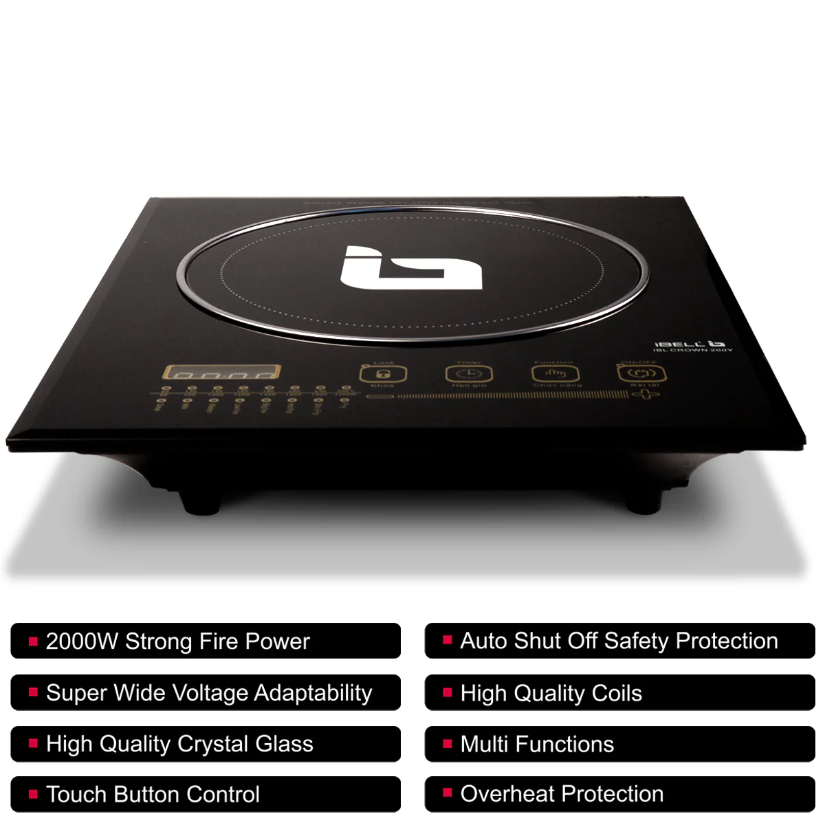 IBELL CROWN200Y Induction Cooktop 2200 Watt, Auto Shut Off, 2 Year Warranty, Crystal Glass Top, Touch Buttons, 8 Cooking Modes, Over Heat Protection, Big Size (Black) - Image 6