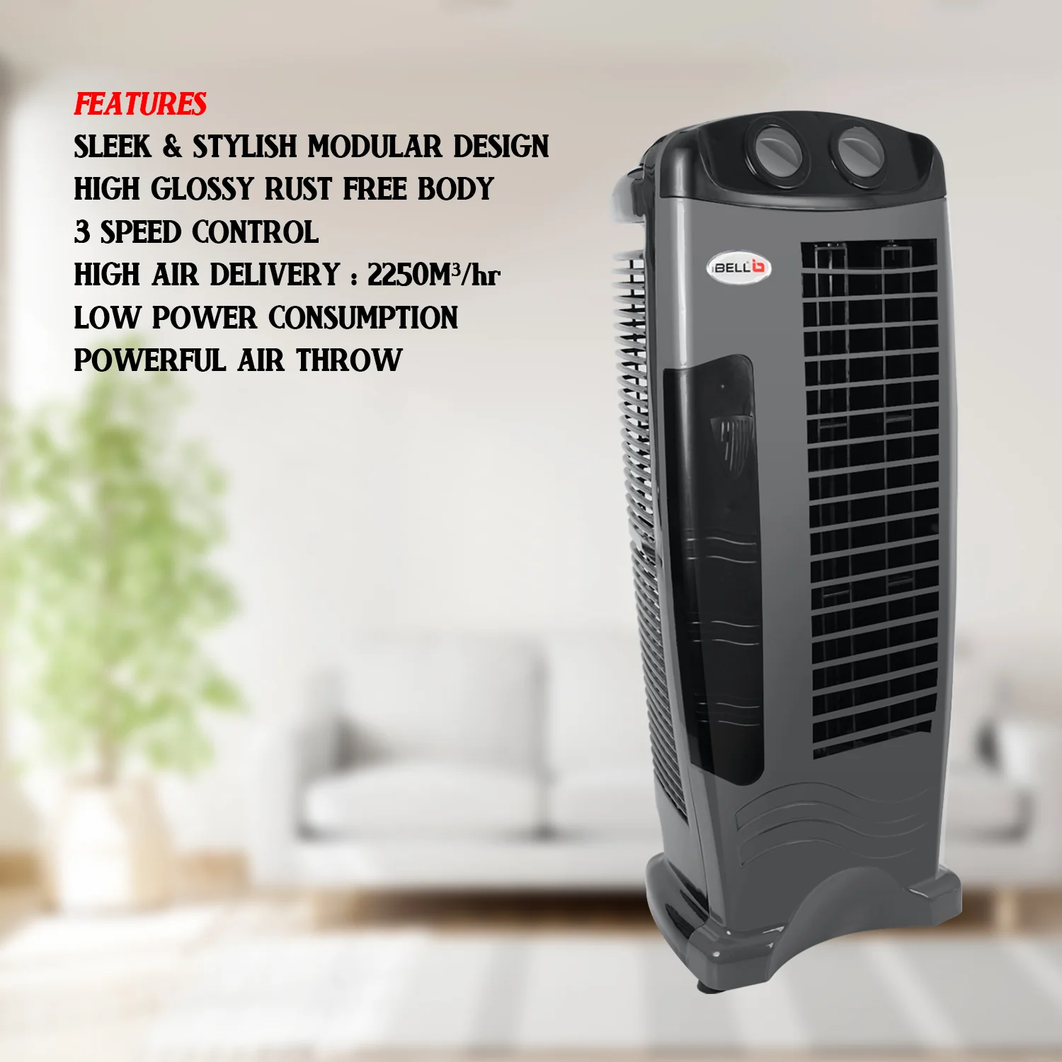 IBELL DELUXE High Speed Tower Fan, Low Power Consumption and Anti-Rust Body, 25-foot Air Delivery, 4-way Air Flow (Grey) - Image 7