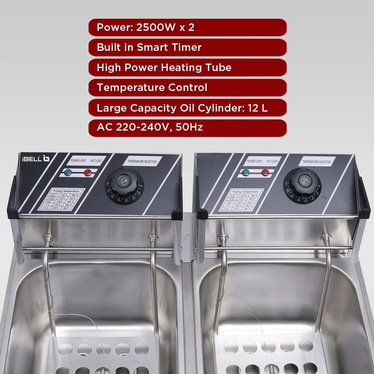 iBELL DF620M Deep Fryer Electric 12 Litre Stainless Steel 2500W, Double Tank/Basket, Variable Temperature Control, Silver - Image 3