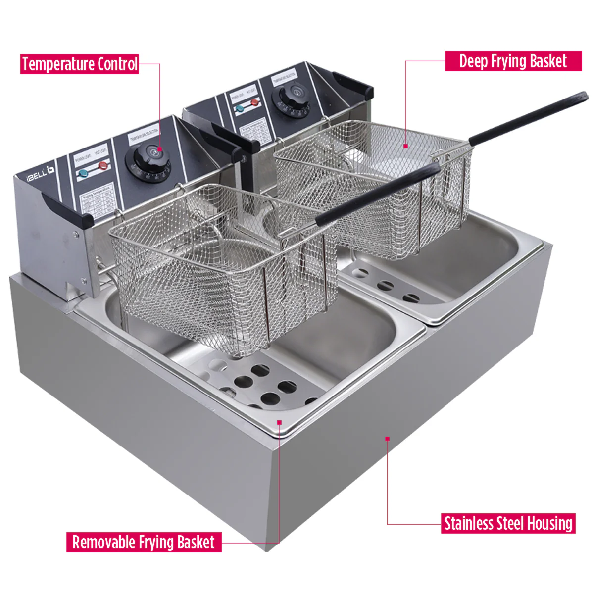 iBELL DF620M Deep Fryer Electric 12 Litre Stainless Steel 2500W, Double Tank/Basket, Variable Temperature Control, Silver - Image 4