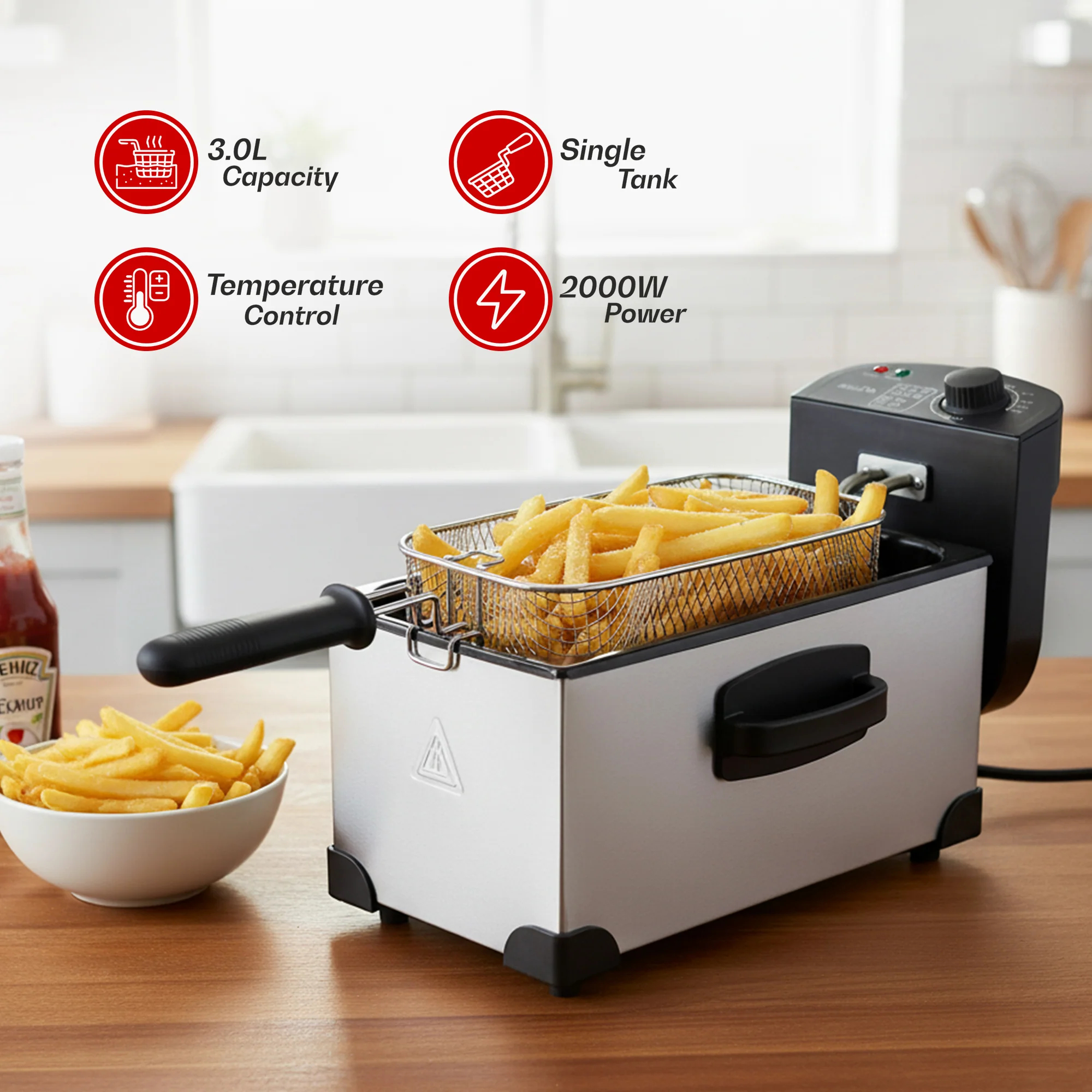 iBELL OILKING300 Electric Deep Fryer | 3 Litre Oil Capacity | 2000W Stainless Steel | Adjustable Temperature Control | Single Tank Fryer with Lid & Handle Basket (Silver) - Image 2