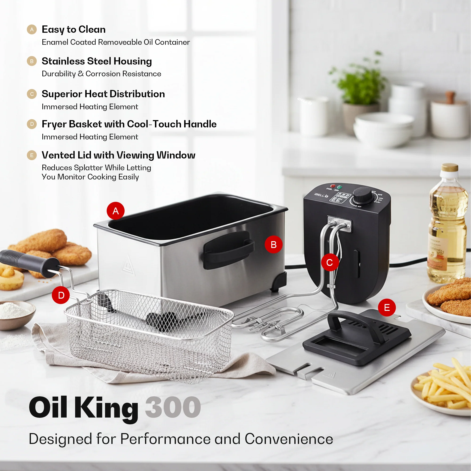 iBELL OILKING300 Electric Deep Fryer | 3 Litre Oil Capacity | 2000W Stainless Steel | Adjustable Temperature Control | Single Tank Fryer with Lid & Handle Basket (Silver) - Image 3