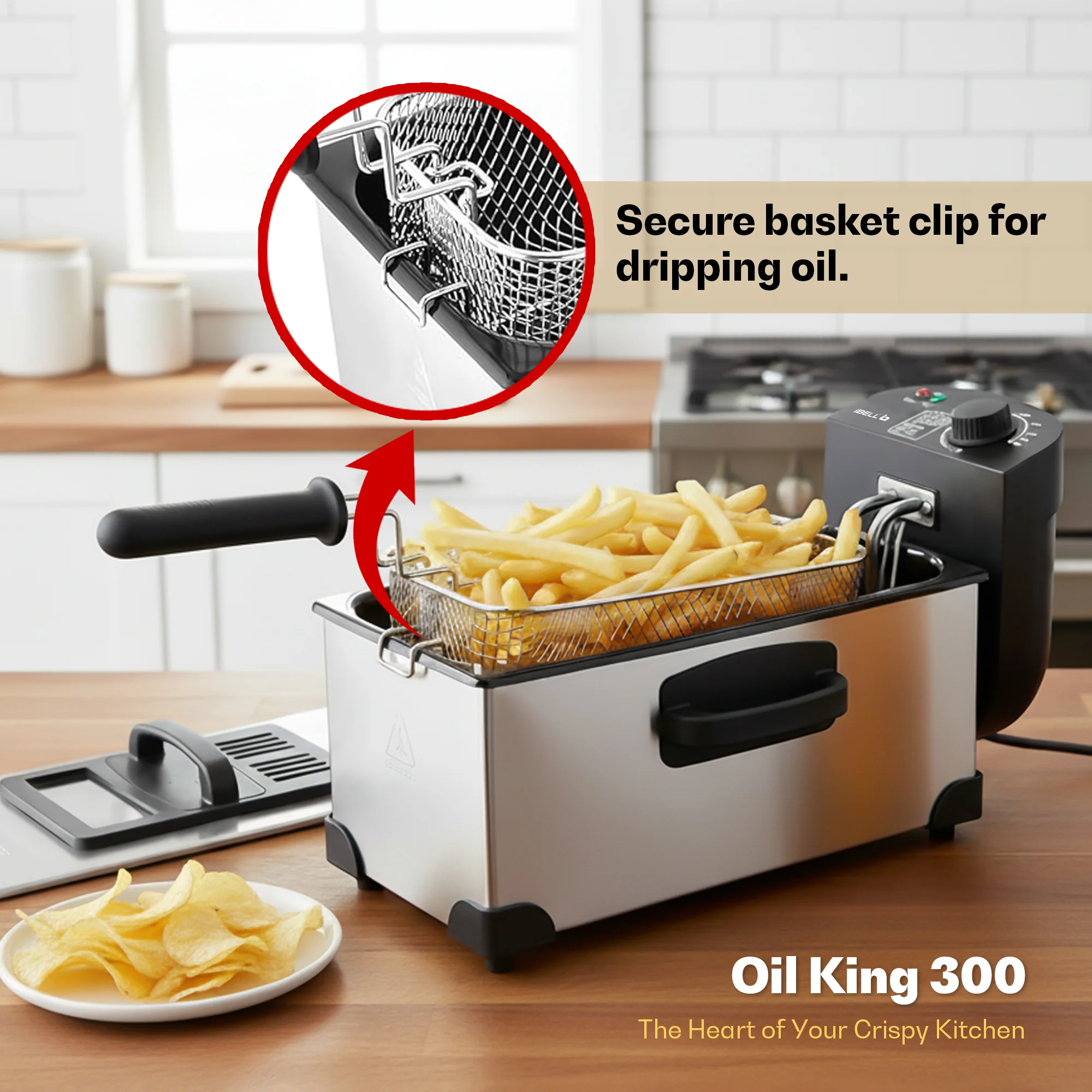 iBELL OILKING300 Electric Deep Fryer | 3 Litre Oil Capacity | 2000W Stainless Steel | Adjustable Temperature Control | Single Tank Fryer with Lid & Handle Basket (Silver) - Image 7