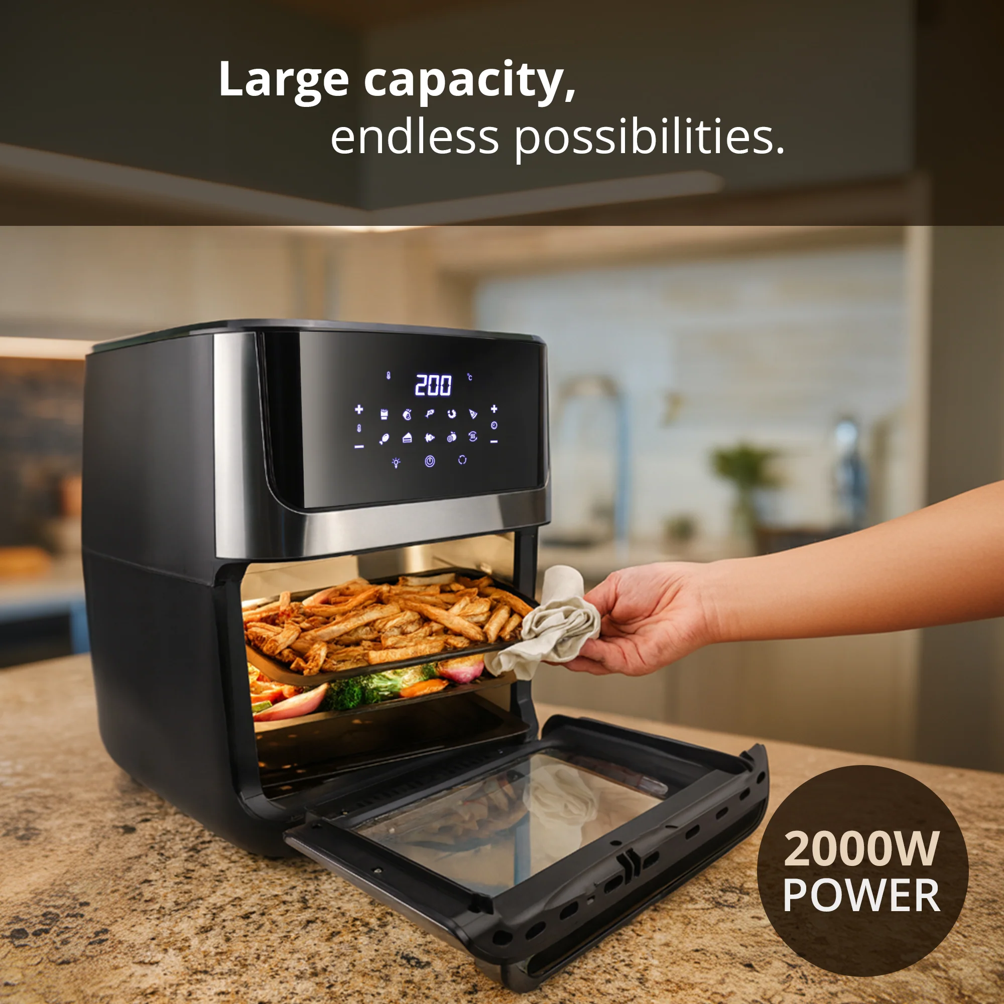 iBELL AF1270M 12L Air Fryer 2000W, 360° Turbo Hot Air Circulation & 10 Presets, Includes Rotisserie, Skewer Set, Rotating Mesh Basket & Crisper Tray. Auto-Off (BLACK) - Image 3