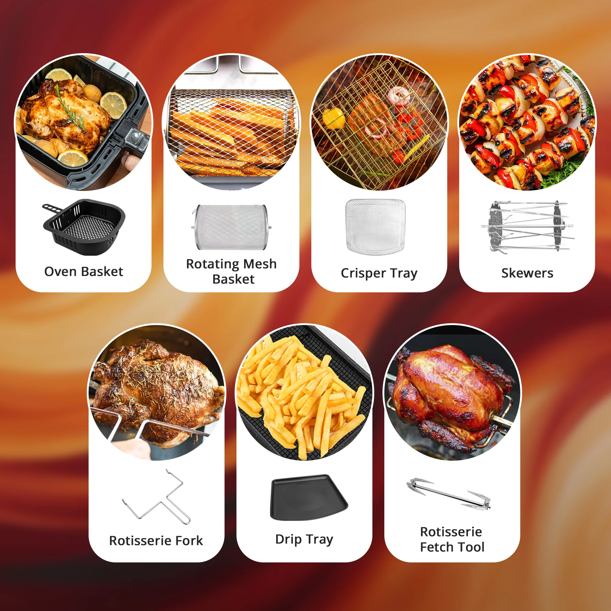 iBELL AF1270M 12L Air Fryer 2000W, 360° Turbo Hot Air Circulation & 10 Presets, Includes Rotisserie, Skewer Set, Rotating Mesh Basket & Crisper Tray. Auto-Off (BLACK) - Image 4