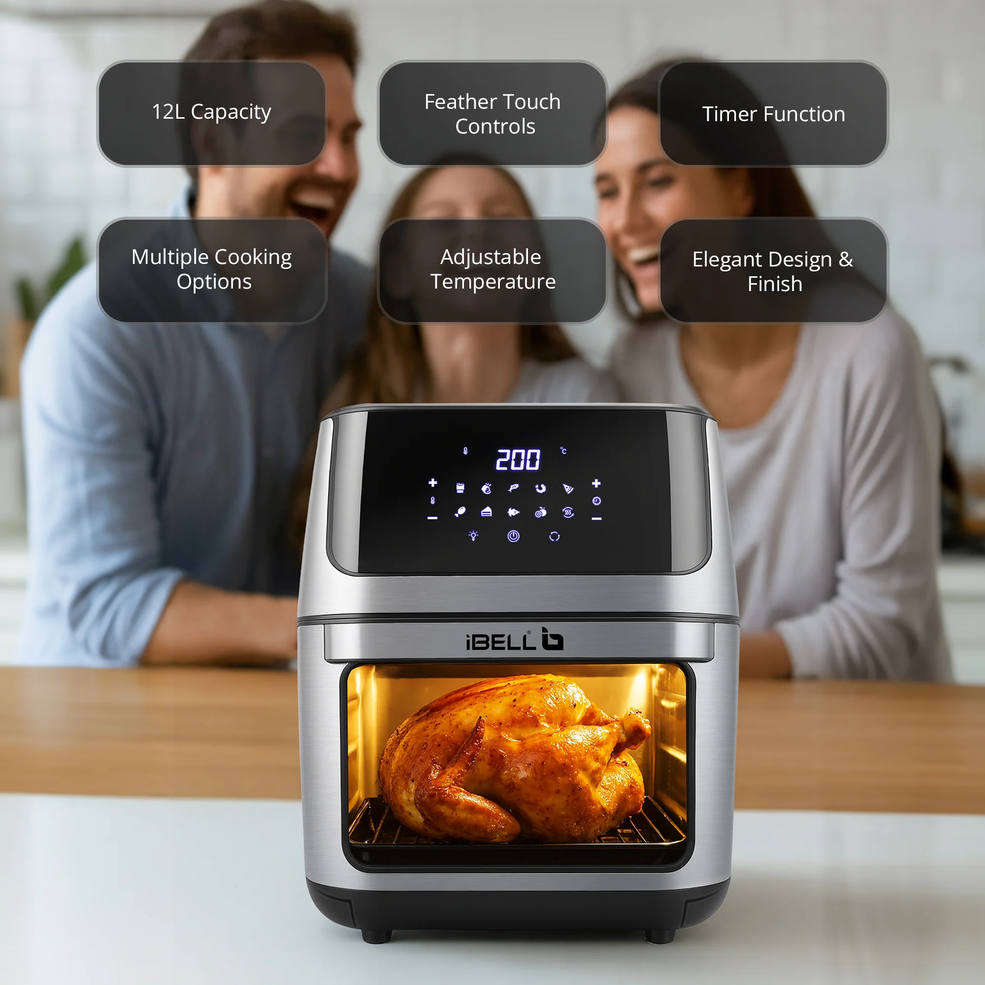 iBELL AF1270M 12L Air Fryer 2000W, 360° Turbo Hot Air Circulation & 10 Presets, Includes Rotisserie, Skewer Set, Rotating Mesh Basket & Crisper Tray. Auto-Off (BLACK) - Image 5