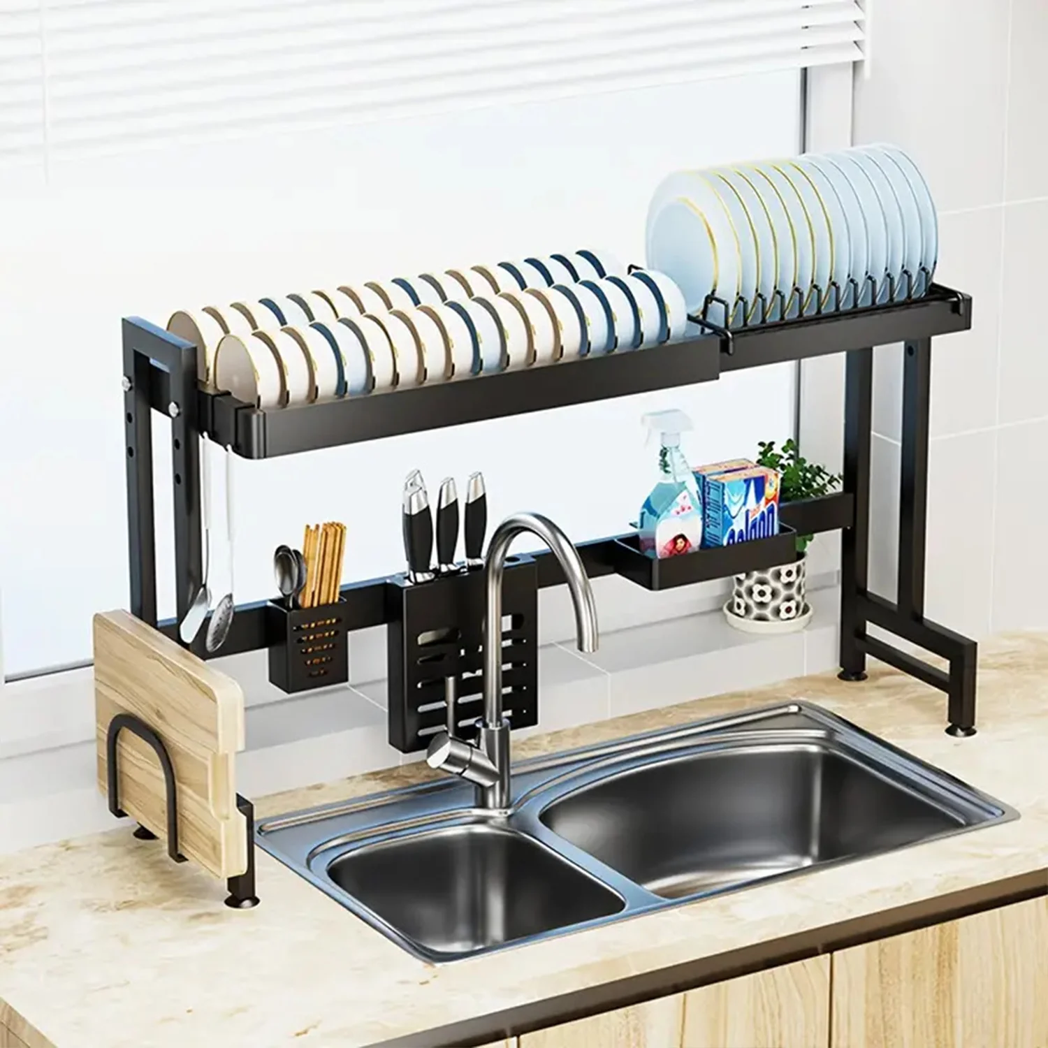 IBELL DR193SM Dish Rack for Kitchen, Adjustable Length Bartan Stand for Drying, Carbon Steel, Kitchen Organizer/Drainer Shelf/Knife Rack/Cutting Board & Sponge Basket/Utensils Storage (Black) - Image 2