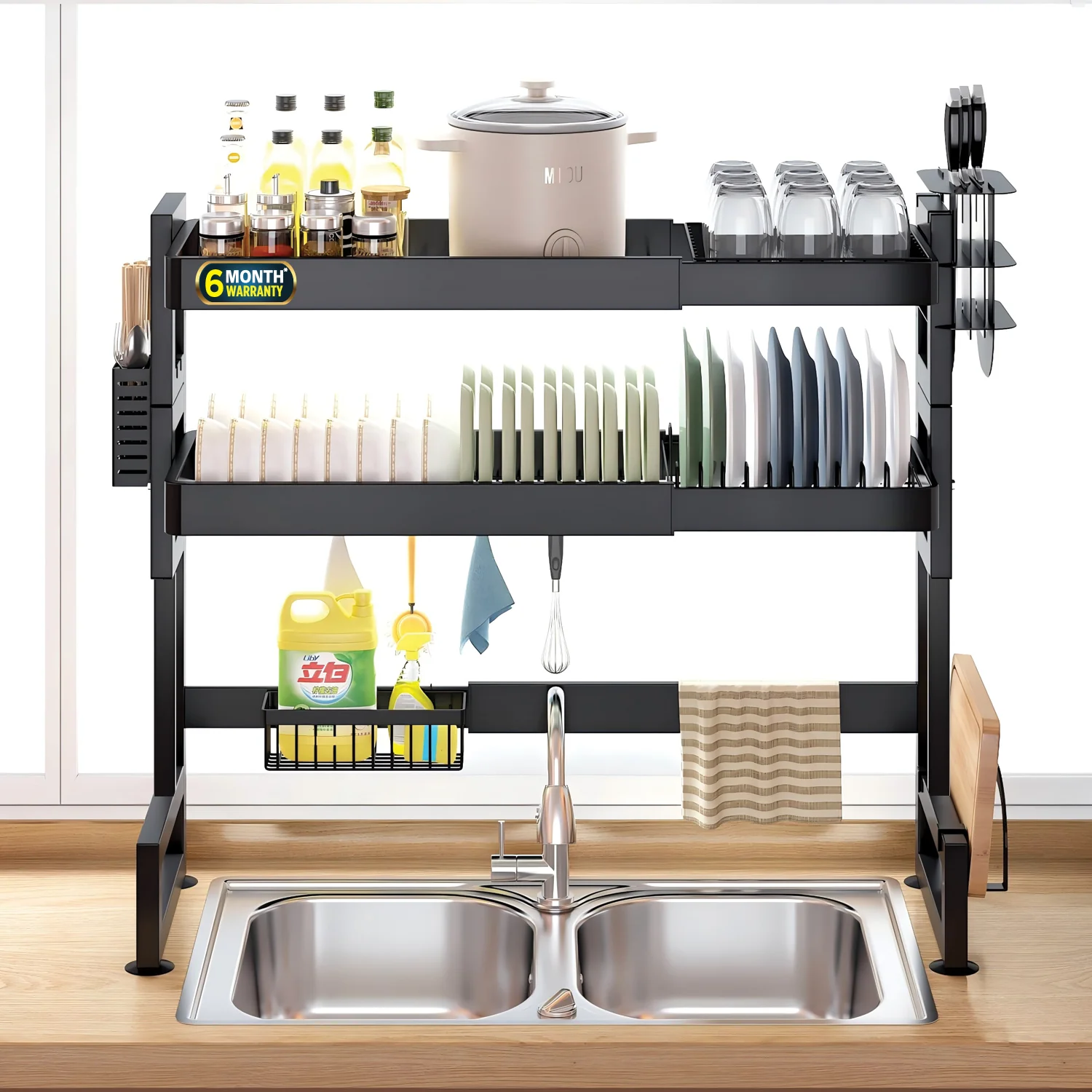 IBELL DR293SM Length Adjustable Dish Drying Rack for Kitchen, 2 Layer, Over The Sink Bartan Stand, Carbon Steel (Black) - Image 2