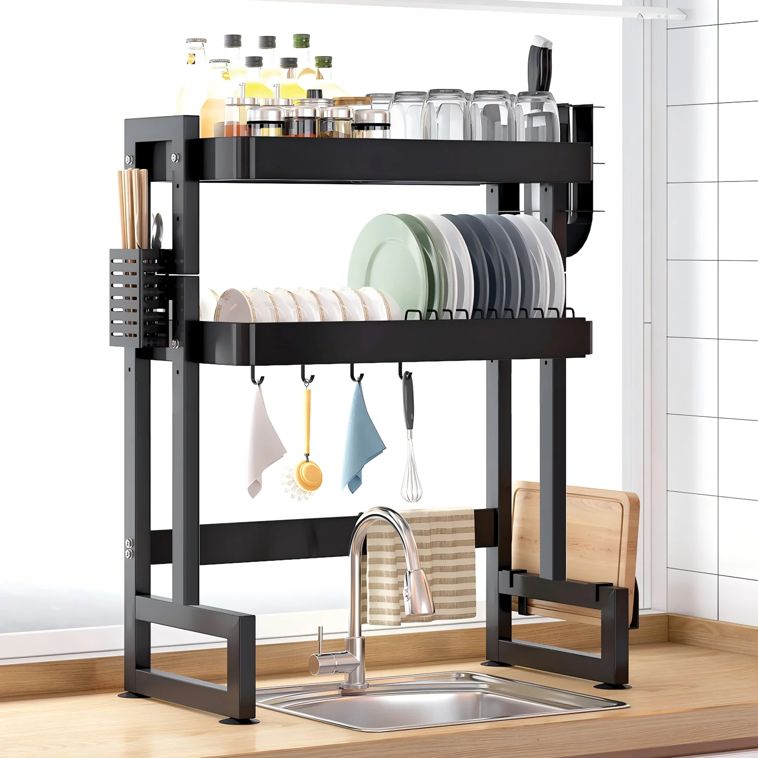 IBELL DR293SM Length Adjustable Dish Drying Rack for Kitchen, 2 Layer, Over The Sink Bartan Stand, Carbon Steel (Black) - Image 6
