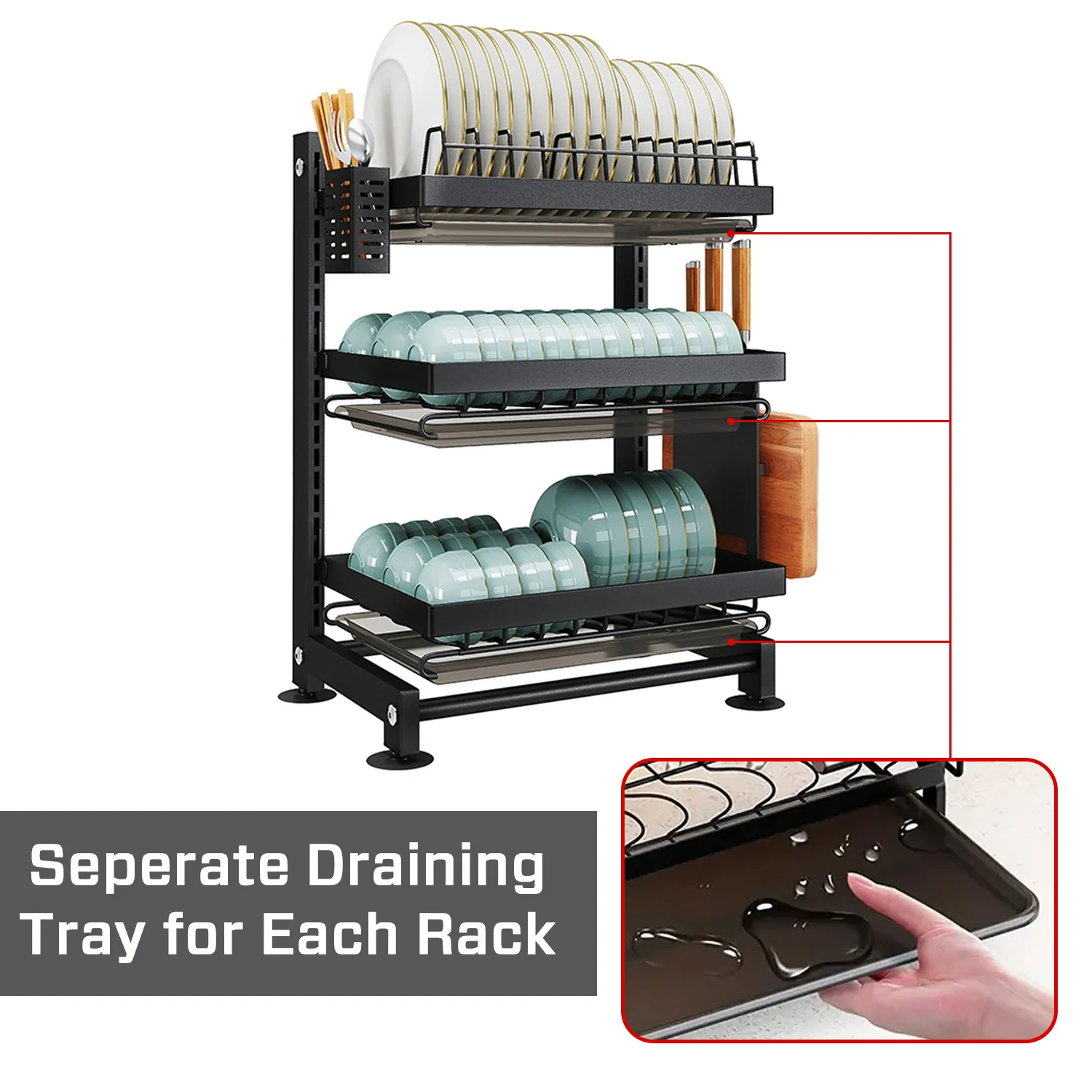 iBELL DR340 Dish Drying Rack, 3-Tier Bartan Stand/Drainer Shelf/Kitchen Organizer/Counter for Utensils Storage (Black) - Image 2