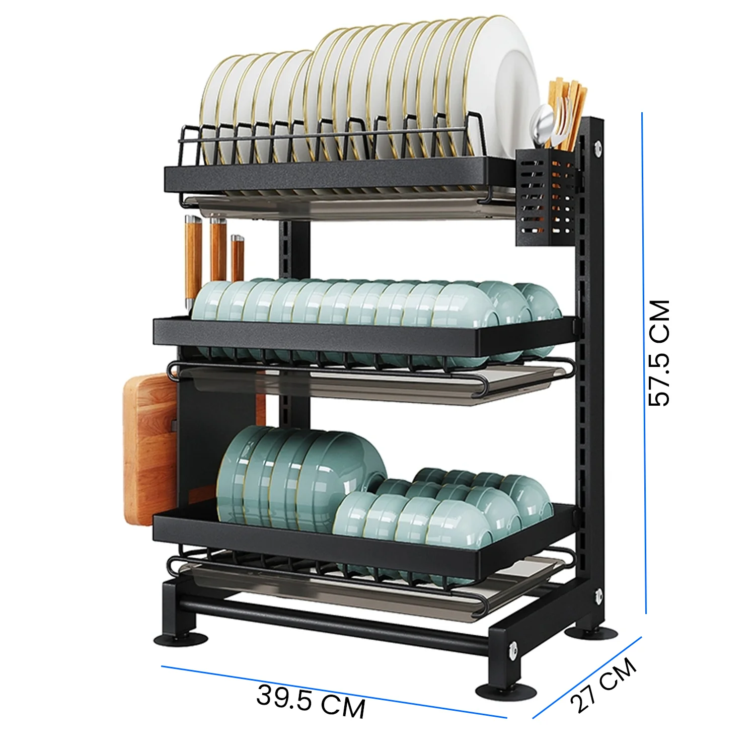 iBELL DR340 Dish Drying Rack, 3-Tier Bartan Stand/Drainer Shelf/Kitchen Organizer/Counter for Utensils Storage (Black) - Image 4