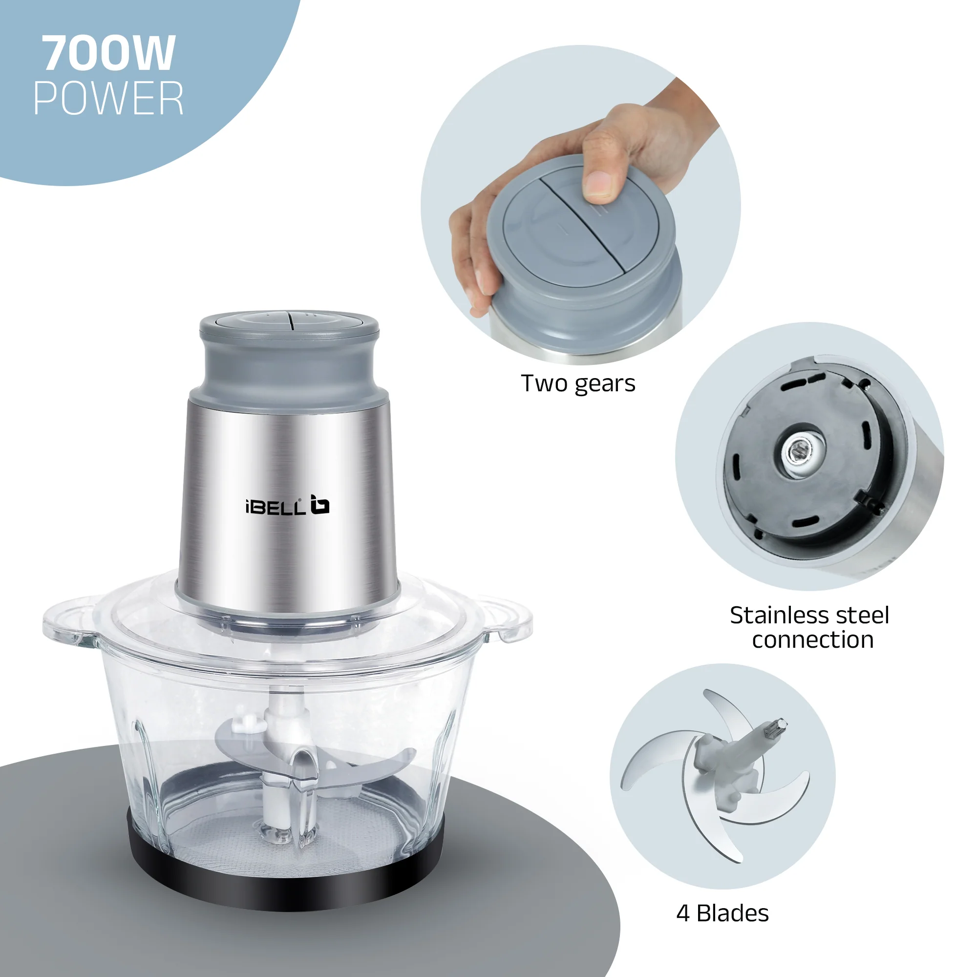 IBELL MT200GM Electric Chopper - 2 Litre Glass Bowl, 700W, Multi Purpose for Cutting Slicing Meat, Vegetables, Nuts & Fruits (Silver) - Image 6