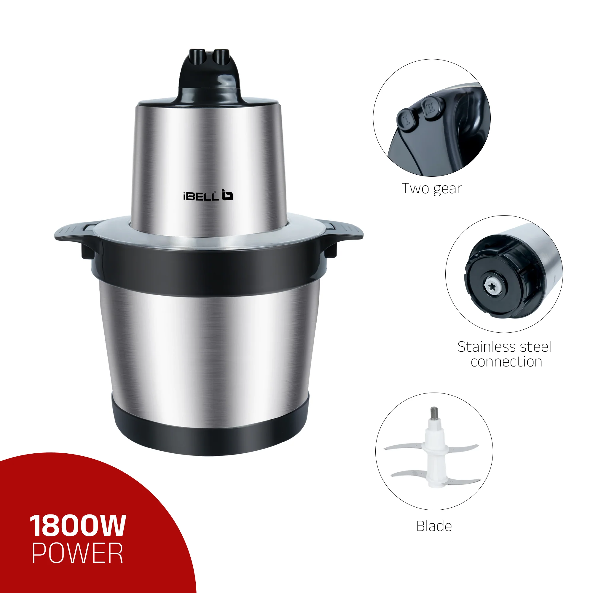 IBELL MT600SM Electric Chopper - 6 Litre Stainless Steel Bowl, 1800W, Multi Purpose for Cutting Slicing Meat, Vegetables, Nuts & Fruits (Silver) - Image 3
