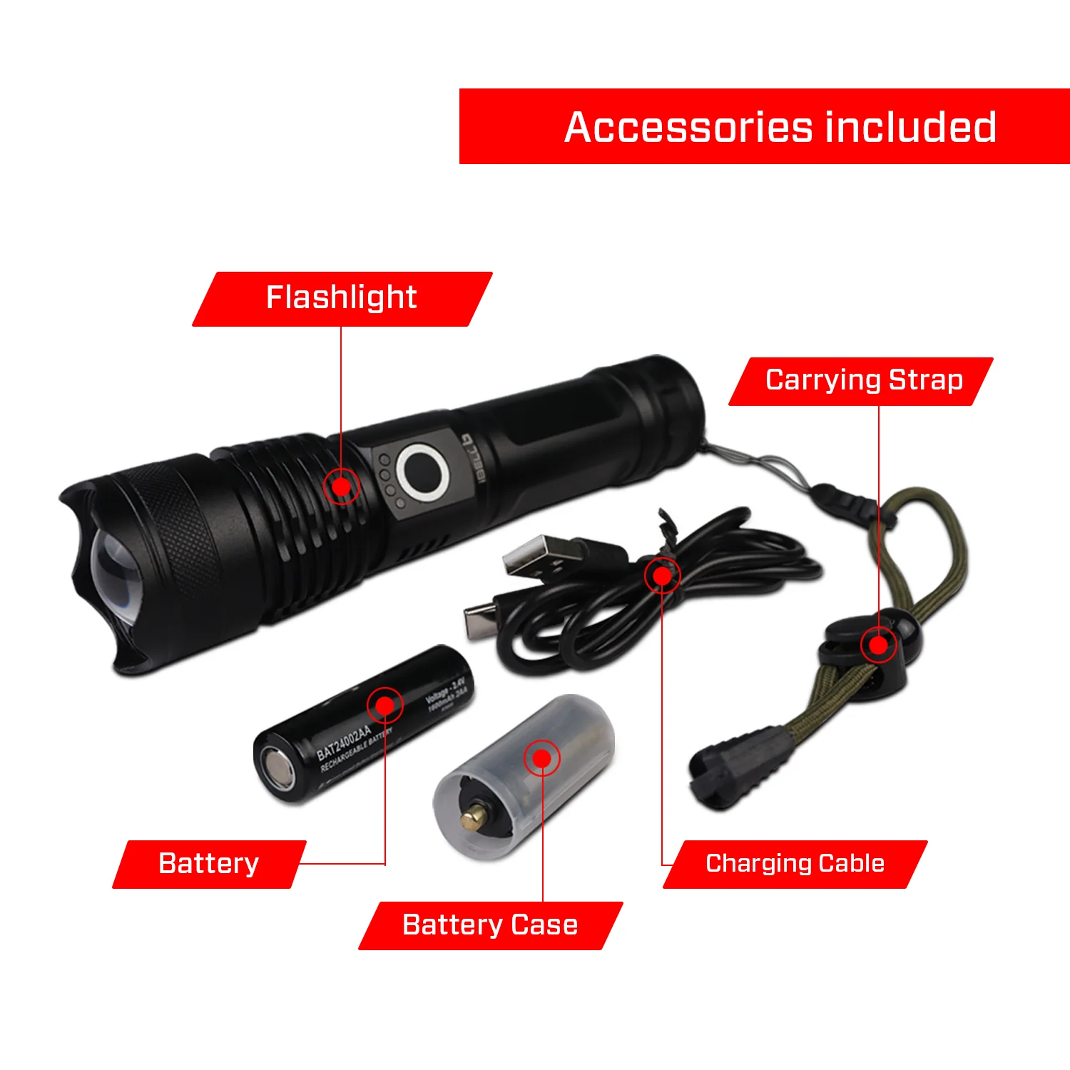 IBELL FL8360S Rechargeable LED Flashlight, Aircraft Aluminum, Telescopic Zoom, Water Resistant, Ultra Long Beam Range with 5 Light Modes (Black) - Image 7