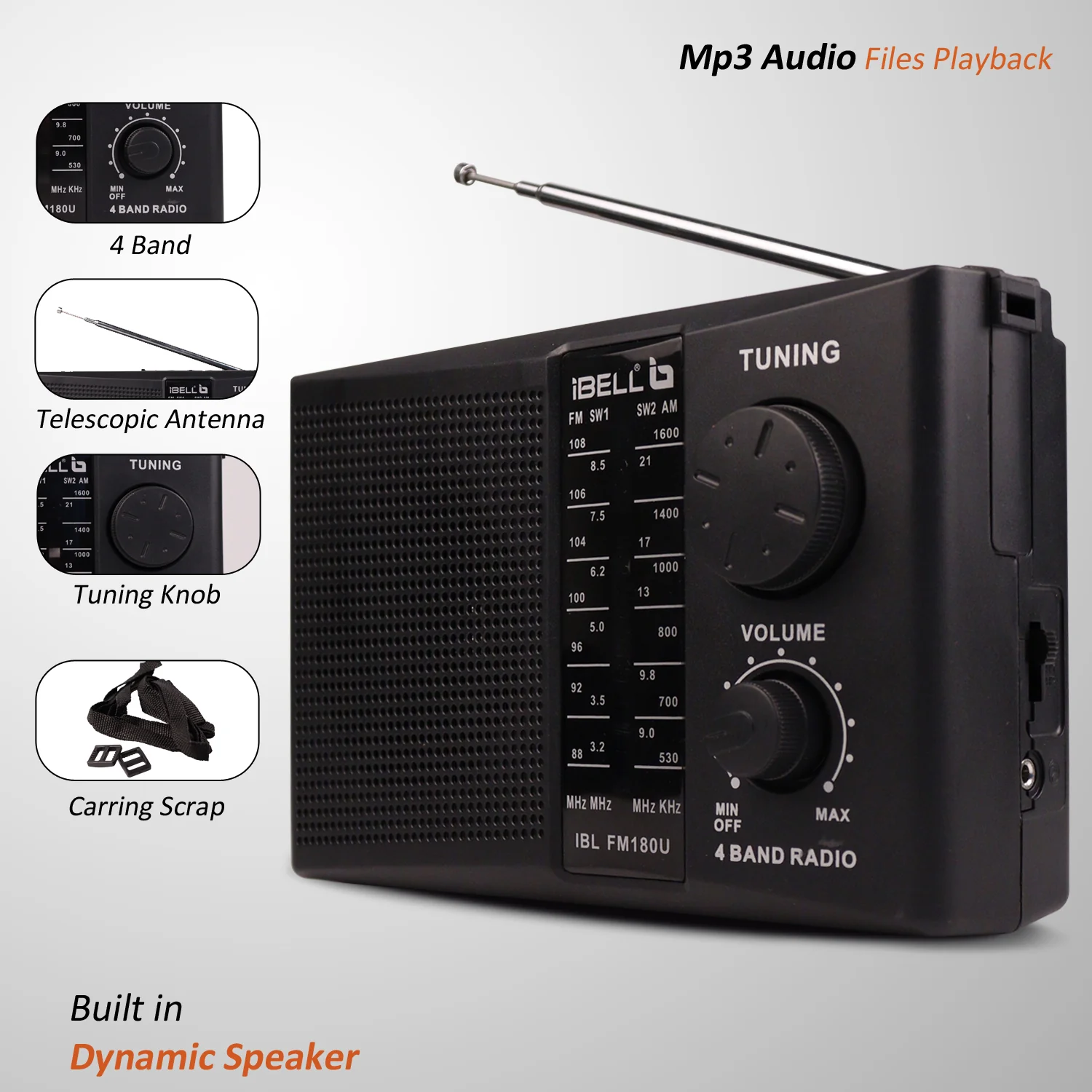 iBELL FM180U Portable FM Radio with USB/SD Slot, MP3 Player, Headphone Jack & Dynamic Speaker 4 Band (Black) - Image 6