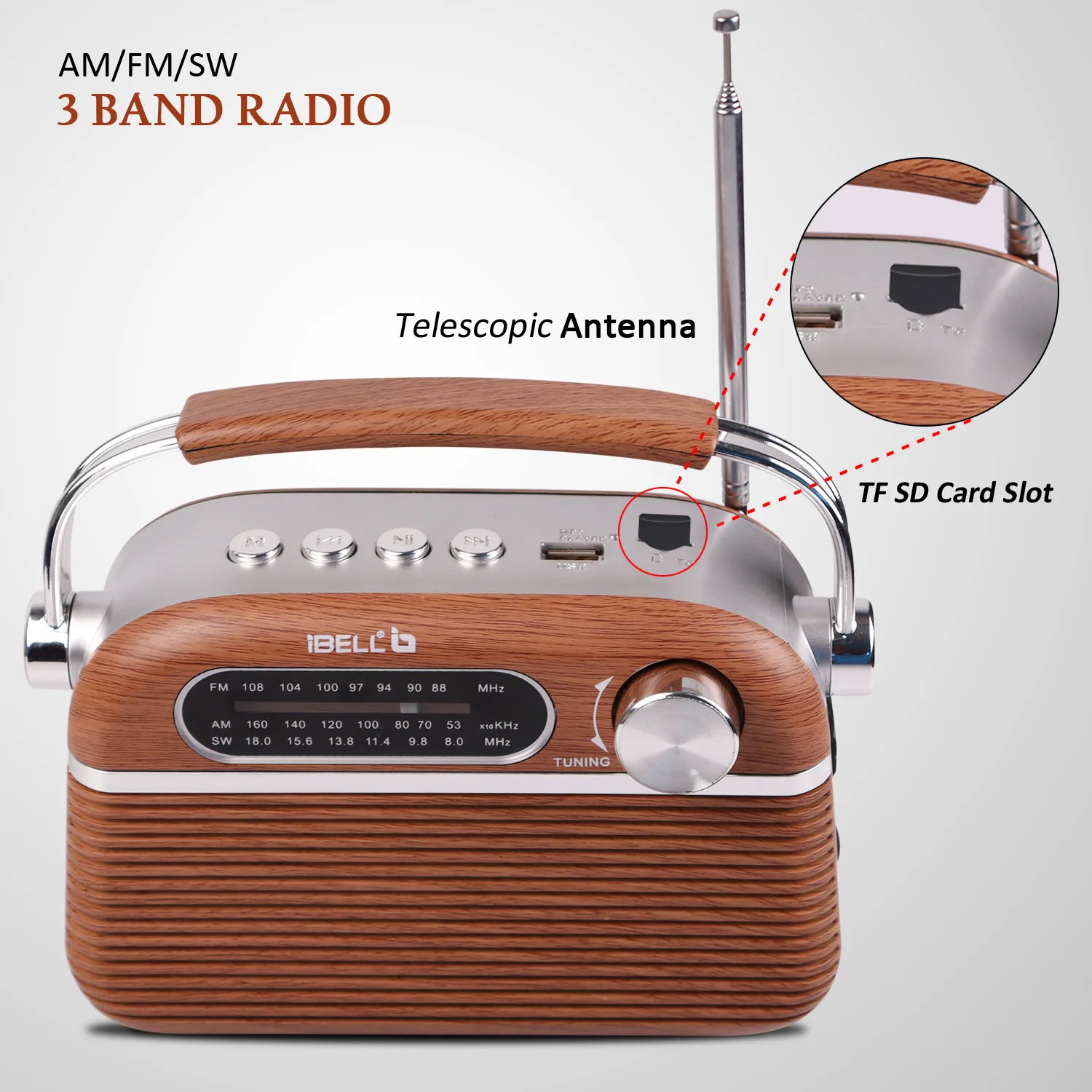 iBELL FM700BT 3-Band Portable FM Radio with Bluetooth, Dynamic Speaker, USB & SD Slot, MP3 Player (Brown) - Image 5