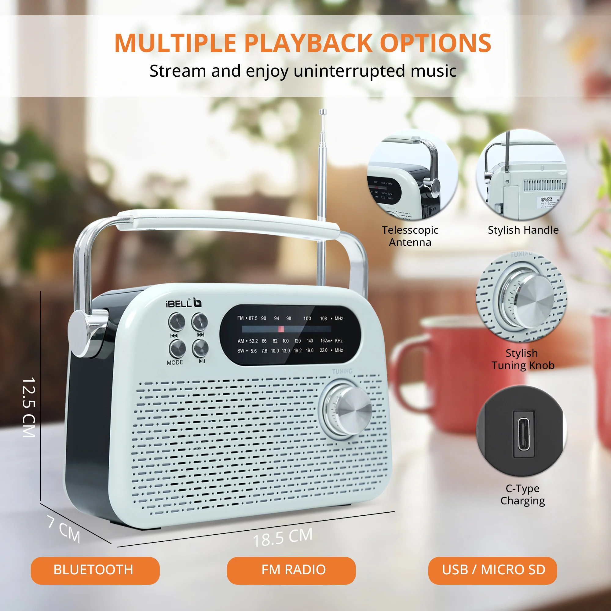 iBELL FM730BT Portable FM Radio with Bluetooth Speaker, USB, SD Slot, MP3 Player & Dynamic Speaker, 3 Band, Rechargeable with C-Type Charging Port (White) - Image 3