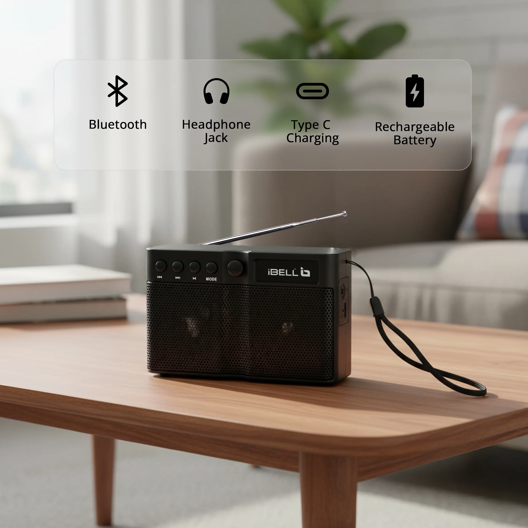 iBELL FM760BT Portable FM Radio with Bluetooth Speaker, USB Charging, Headphone Jack & Built-in Rechargeable Battery (Black) - Image 4