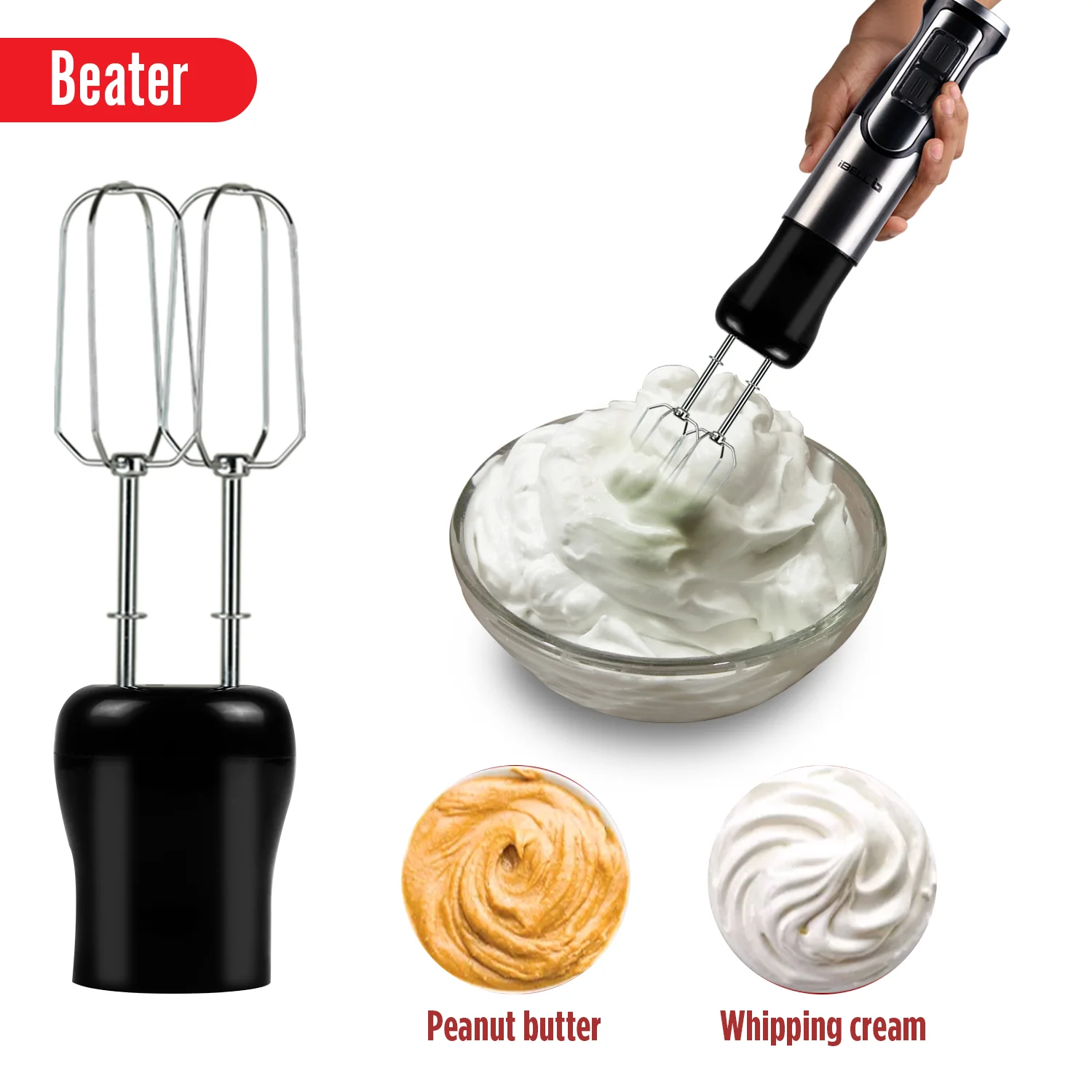 iBELL HB1000J 5-in-1 Hand Blender, 1000Watt, Adjustable Speed Control, Hand Mixer with Whisker/Beater, Immersion Blender, Vegetable Chopper & 600ml Container (Black) - Image 8
