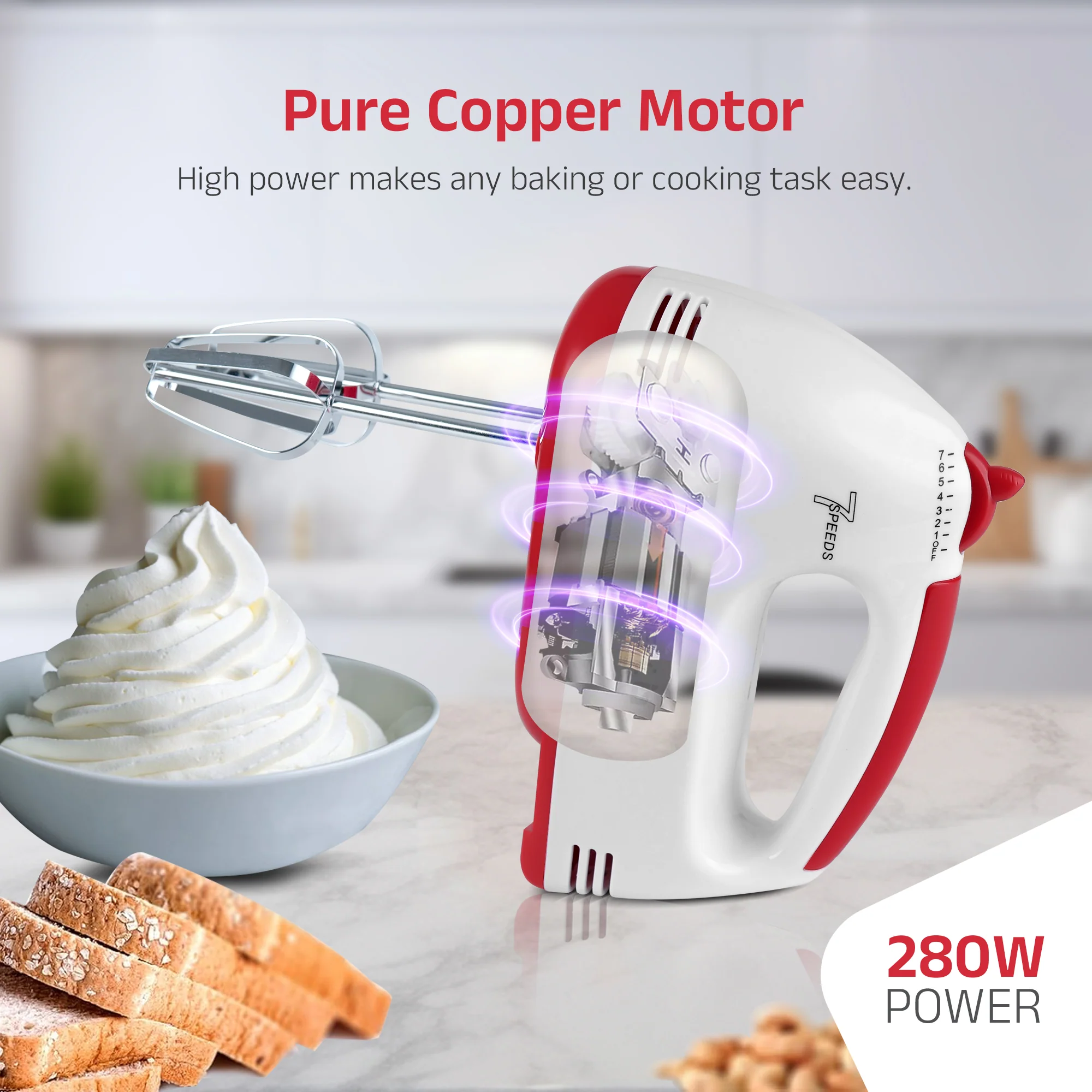 iBELL WHISK280 Hand Mixer, 280W, 7 Speed Control Plus Turbo, Beater/Blender/Electric Cream Maker for Cakes, stainless, Dough Hooks (White) - Image 3