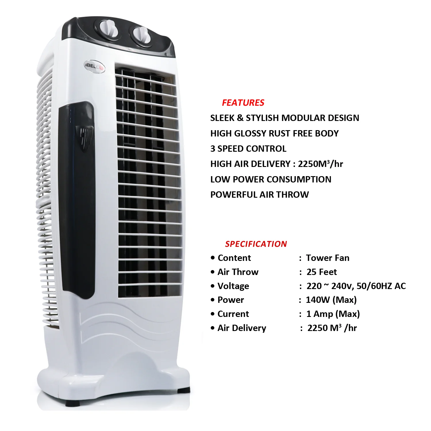 IBELL High Speed Tower Fan, 25-foot Air Delivery, 4-way Air Flow, Low Power Consumption and Anti-Rust Body (White) - Image 14