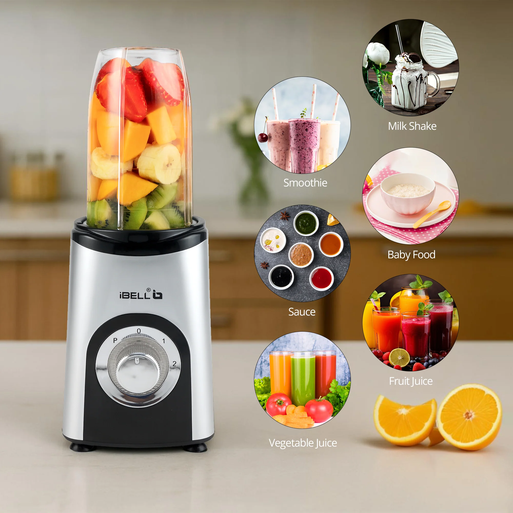 iBELL Juicer Mixer Grinder Chopper For Home, Smoothie Maker, 600W,2 Blades 3 Multipurpose Jars, 3 Modes, 100% Copper Motor, 24,000 RPM, Nutri Blender With Stainless Steel Blades (Silver) - Image 3