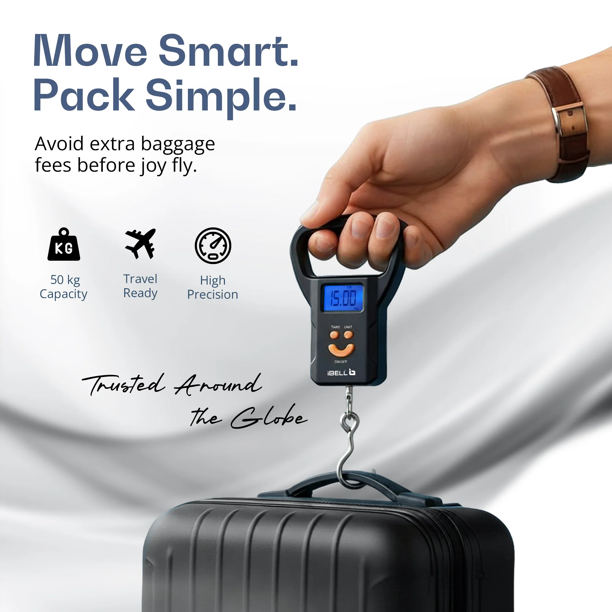 iBELL LS520M Luggage Weighing Scale, Portable, 50 KG, Hook Type with Digital LED Screen, Tare Function, Auto Power off, Data Look Function, Over Load & Low battery Indicator (Black) - Image 3