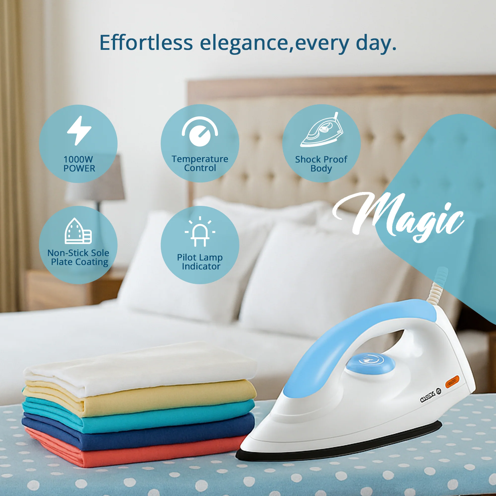 IBELL MAGIC 1000 Watts Dry Iron for Clothes with 3 Years Warranty, Non-Stick Soleplate, Adjustable Temperature Control, Shock Proof Body, Pilot Lamp Indicator, Compact and Lightweight Design - Image 4