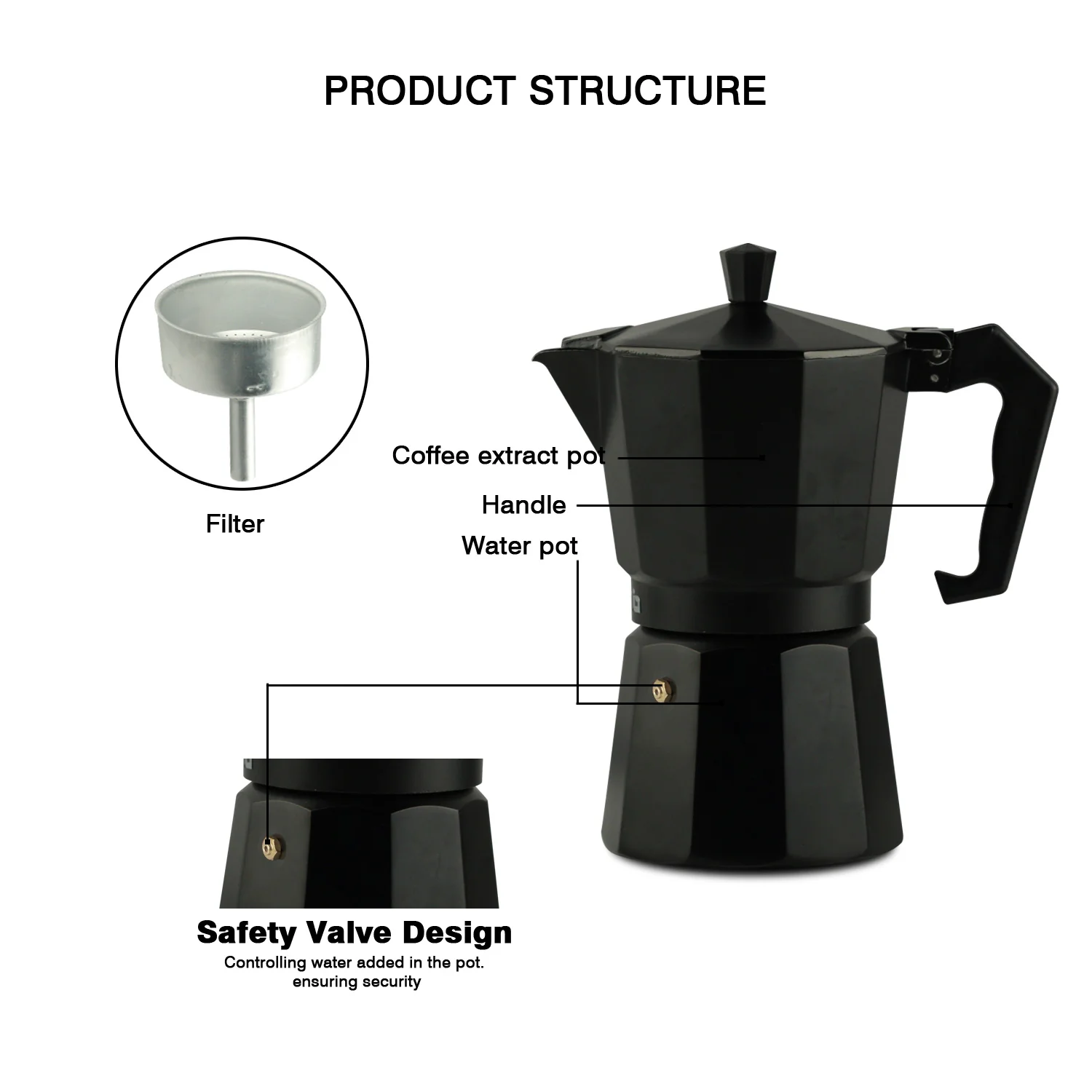 IBELL MP6370S Classic 6 Cup Moka Pot Espresso Maker/Percolator/filter Coffee Maker, Italian Espresso - Black - Image 2