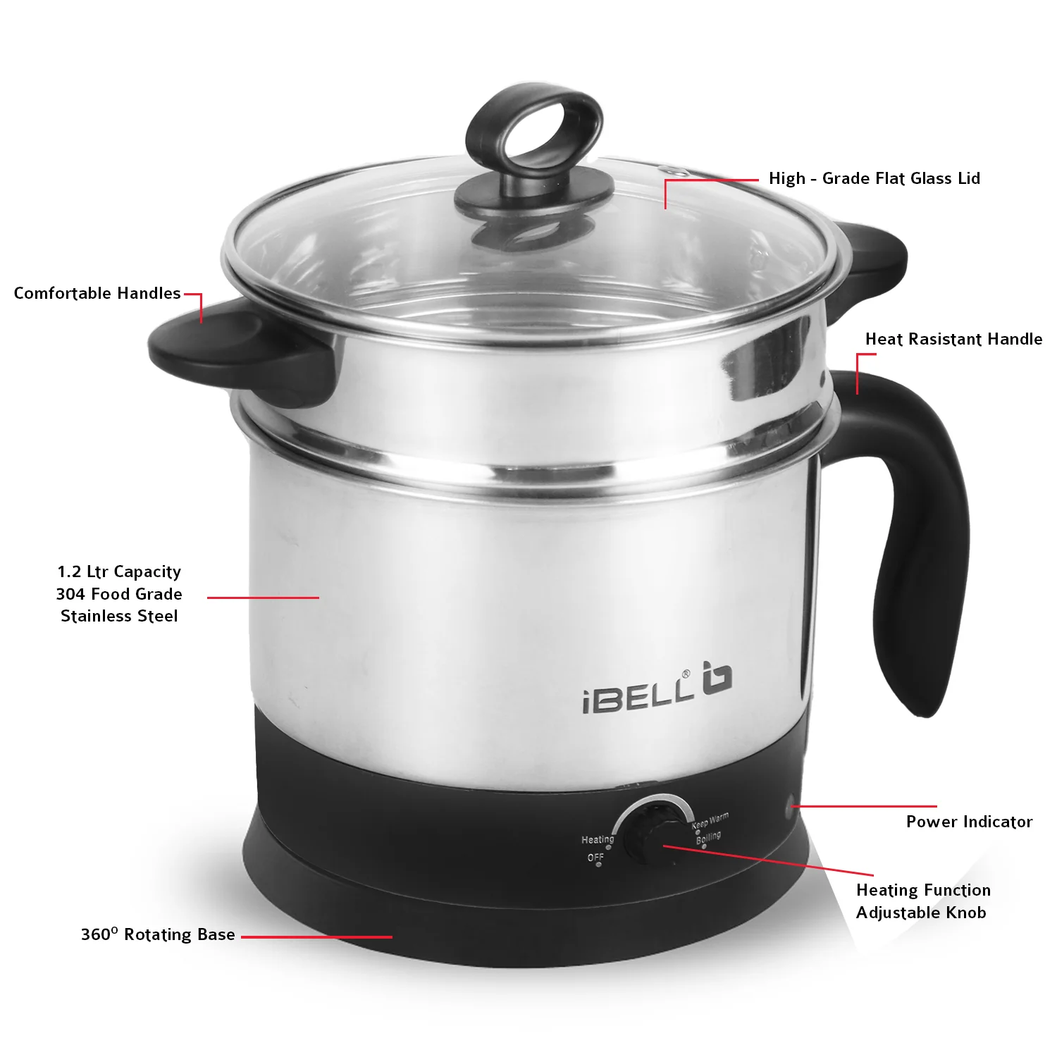 IBELL MPK12M Multipurpose Electric Kettle, 1.2 Litre, 600W, 2 Cooking Pots & Egg Boiler, Temperature Control, For boiling Water, Egg, Stainless Steel Body (Silver) - Image 4