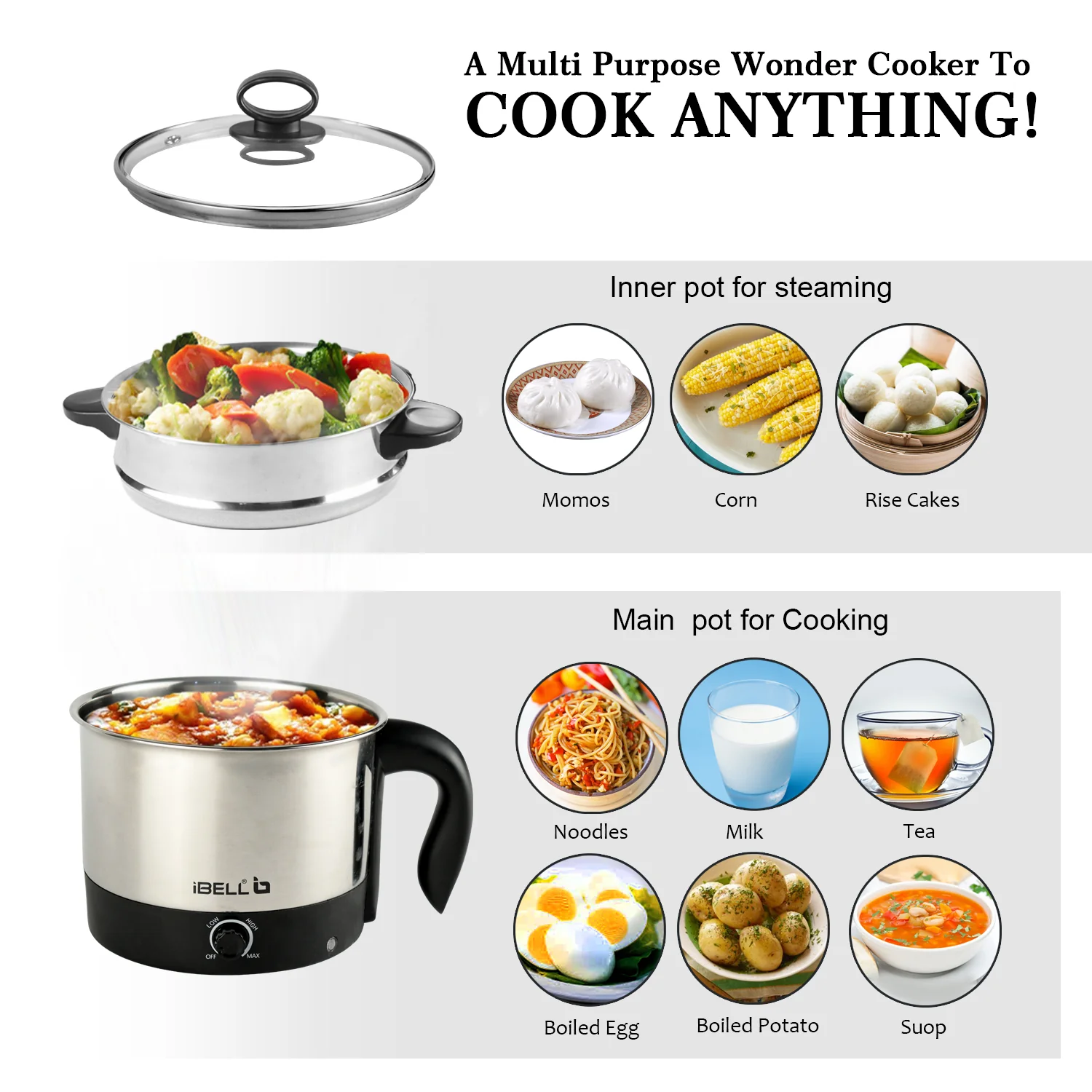IBELL MPK12M Multipurpose Electric Kettle, 1.2 Litre, 600W, 2 Cooking Pots & Egg Boiler, Temperature Control, For boiling Water, Egg, Stainless Steel Body (Silver) - Image 5
