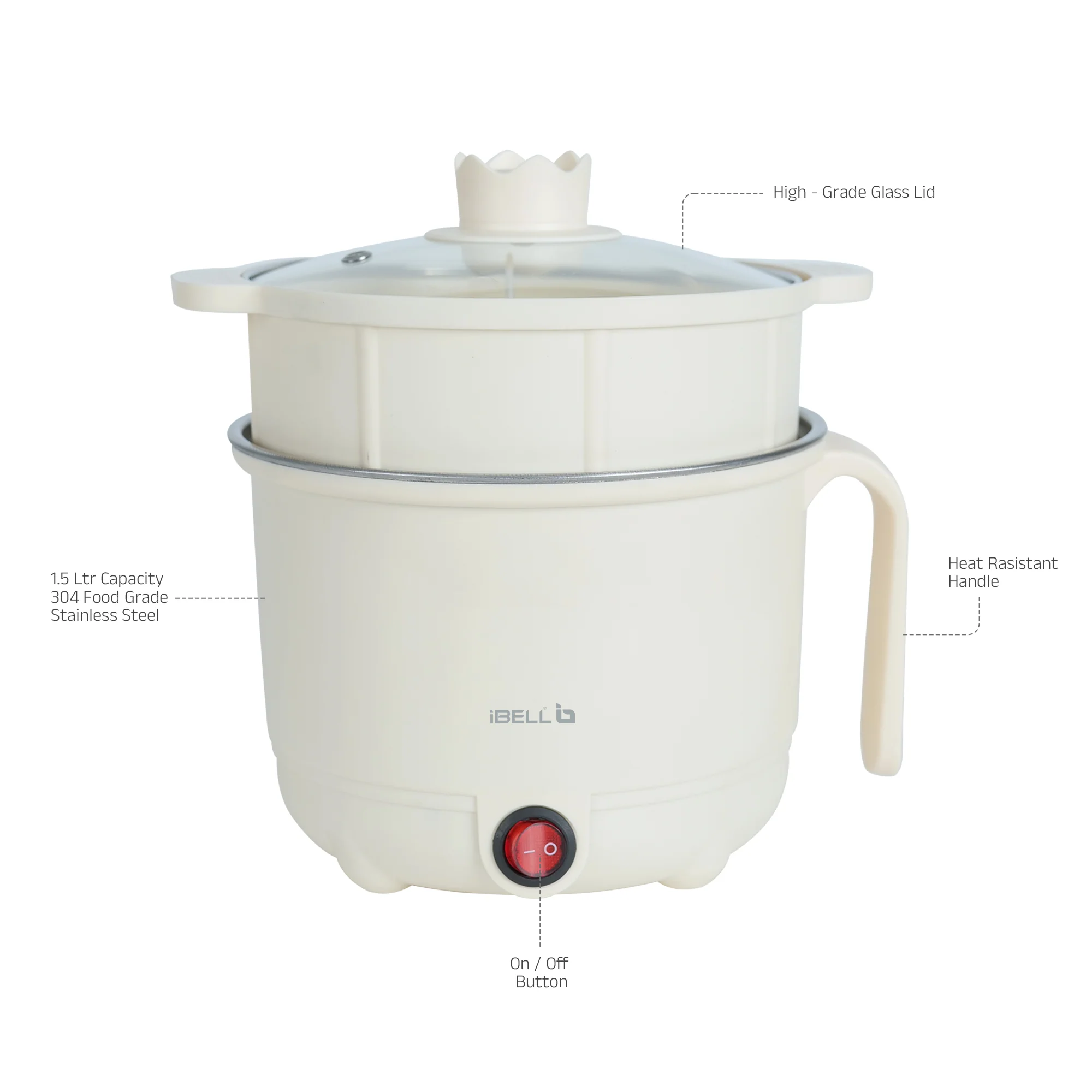 IBELL MPK150PM Multipurpose Electric Kettle, 1.5 Litre, 600W, 2 Cooking Pots & Egg Boiler, Temperature Control, For boiling Water, Egg, Stainless Steel Body (White) - Image 4