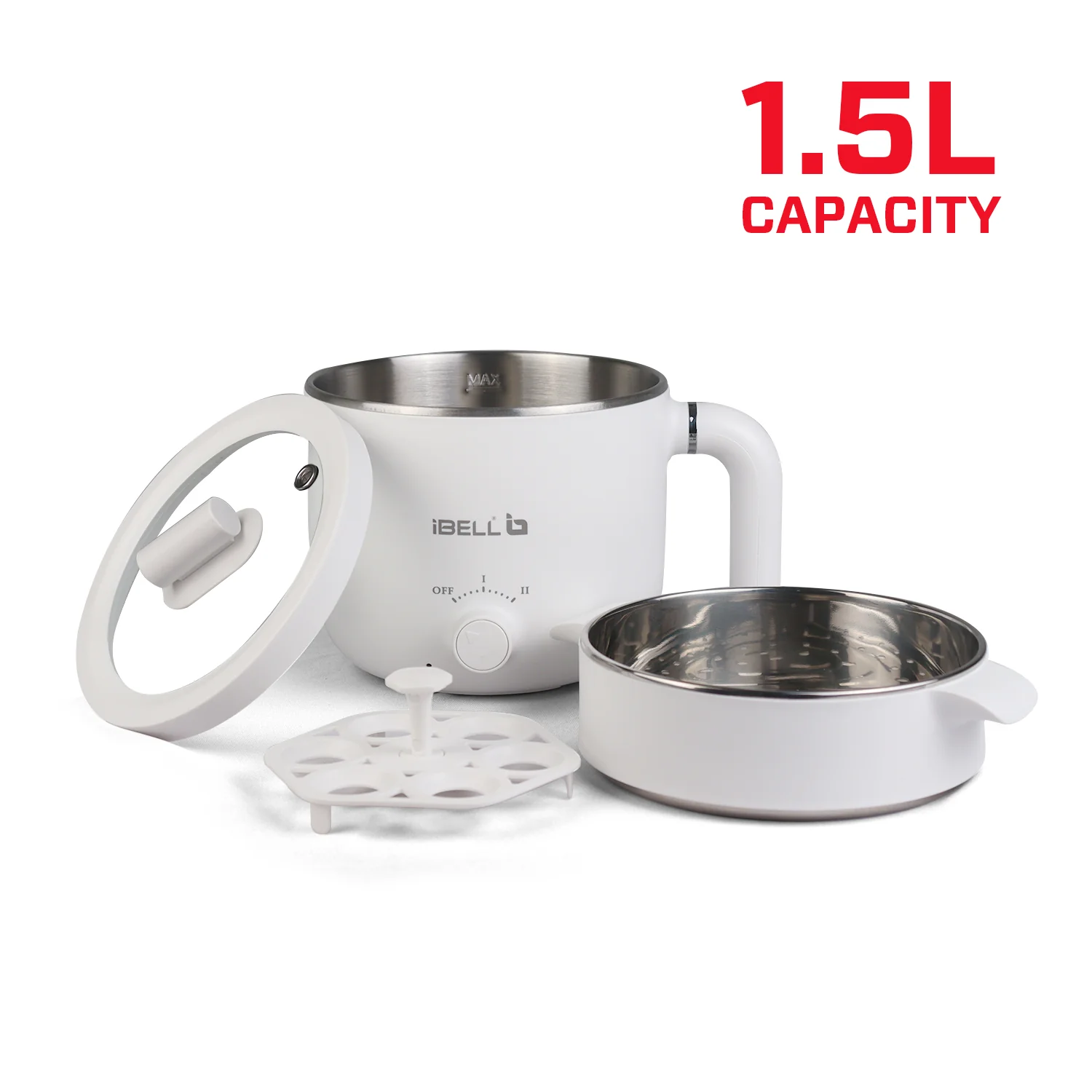 IBELL MPK15M Multipurpose Electric Kettle, 1.5 Litre, 800W, 2 Cooking Pots & Egg Boiler, Temperature Control, For boiling Water, Egg, Stainless Steel Body (White) - Image 5