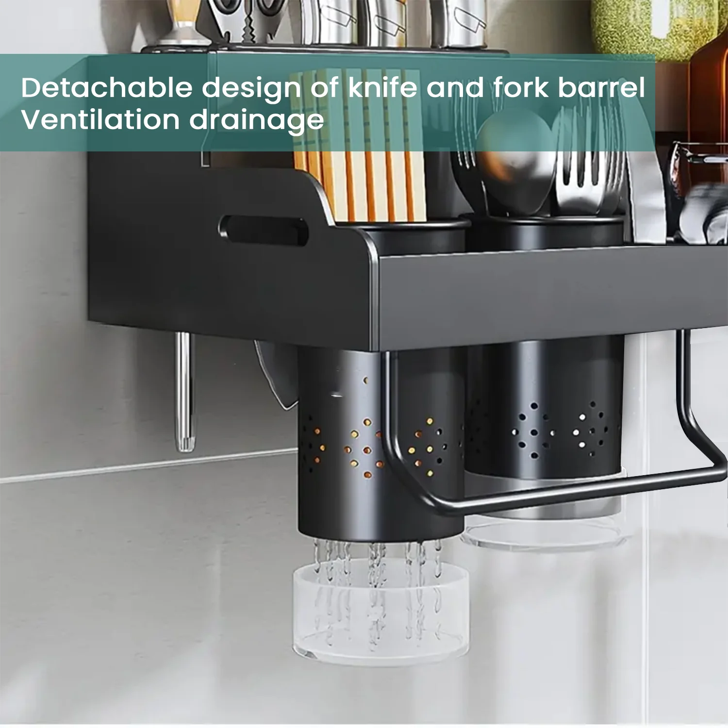 iBELL Multifunctional Wall-Mounted Kitchen Storage Organizer Rack with Spice Shelf, Utensil Hooks & Holder - IBLCH260 - Image 2