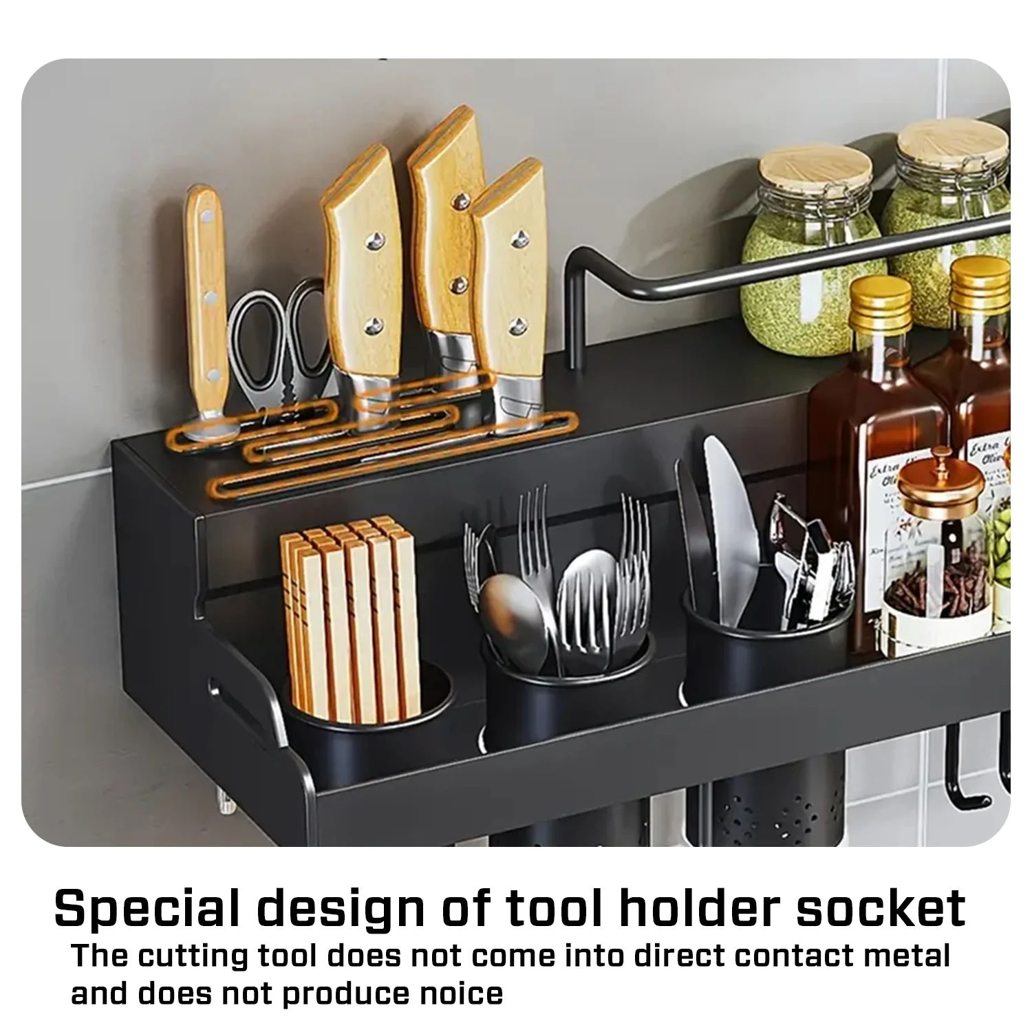 iBELL Multifunctional Wall-Mounted Kitchen Storage Organizer Rack with Spice Shelf, Utensil Hooks & Holder - (IBLDH280) - Image 3