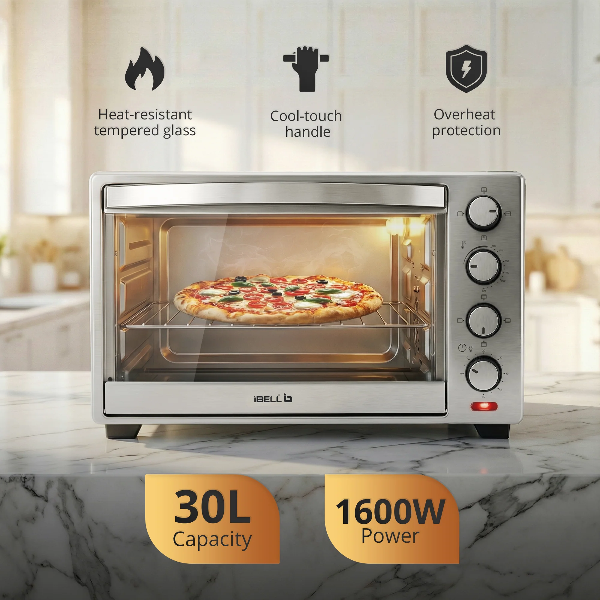 IBELL Oven Toaster Grill OTG, 30 Litre, Stainless Steel Body, Convection Fan, Rotisserie, Adjustable Temperature & Timer, SS30LGDLX (Sliver) - Image 5