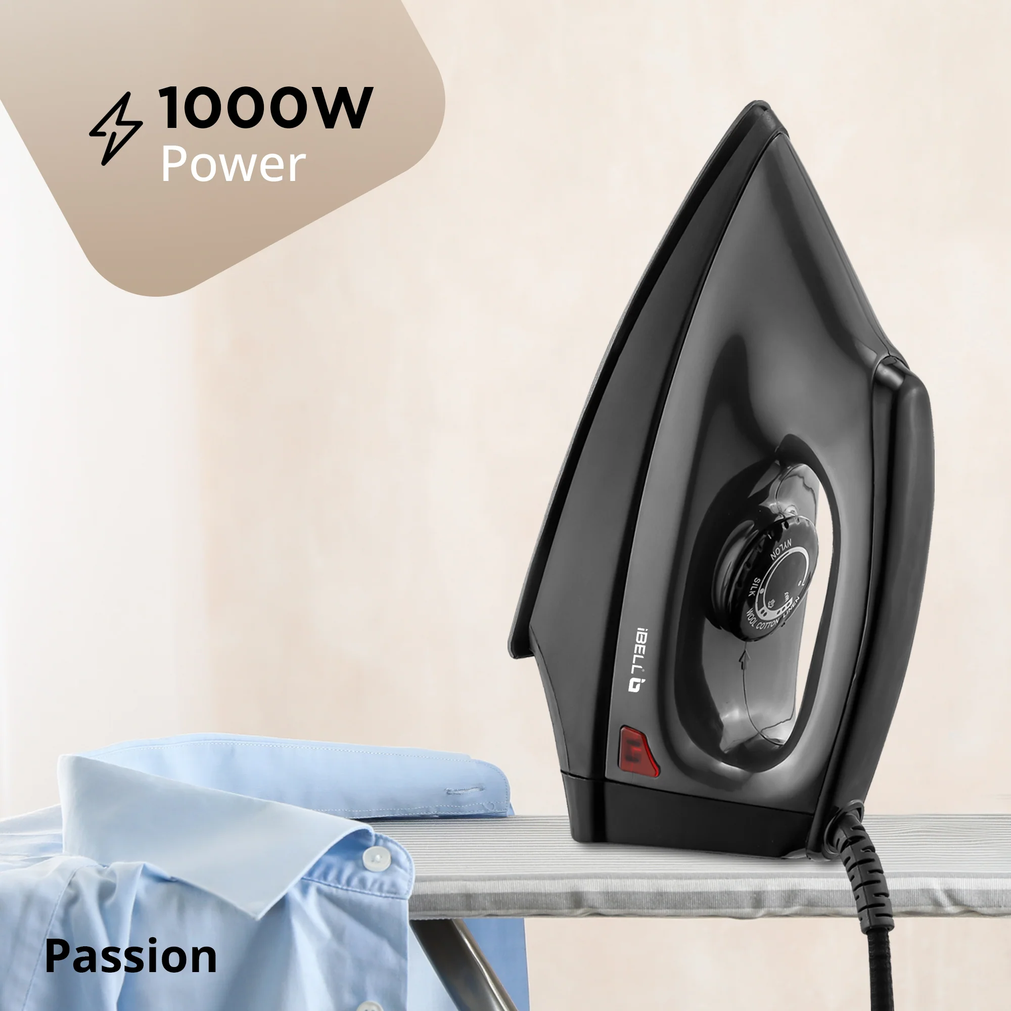 IBELL PASSION 1000W Iron Box with 3 Years Warranty, Non-Stick Soleplate Dry Iron, Shock-Proof Body, Variable Temperature Control, Overheating Protection (Black) - Image 2